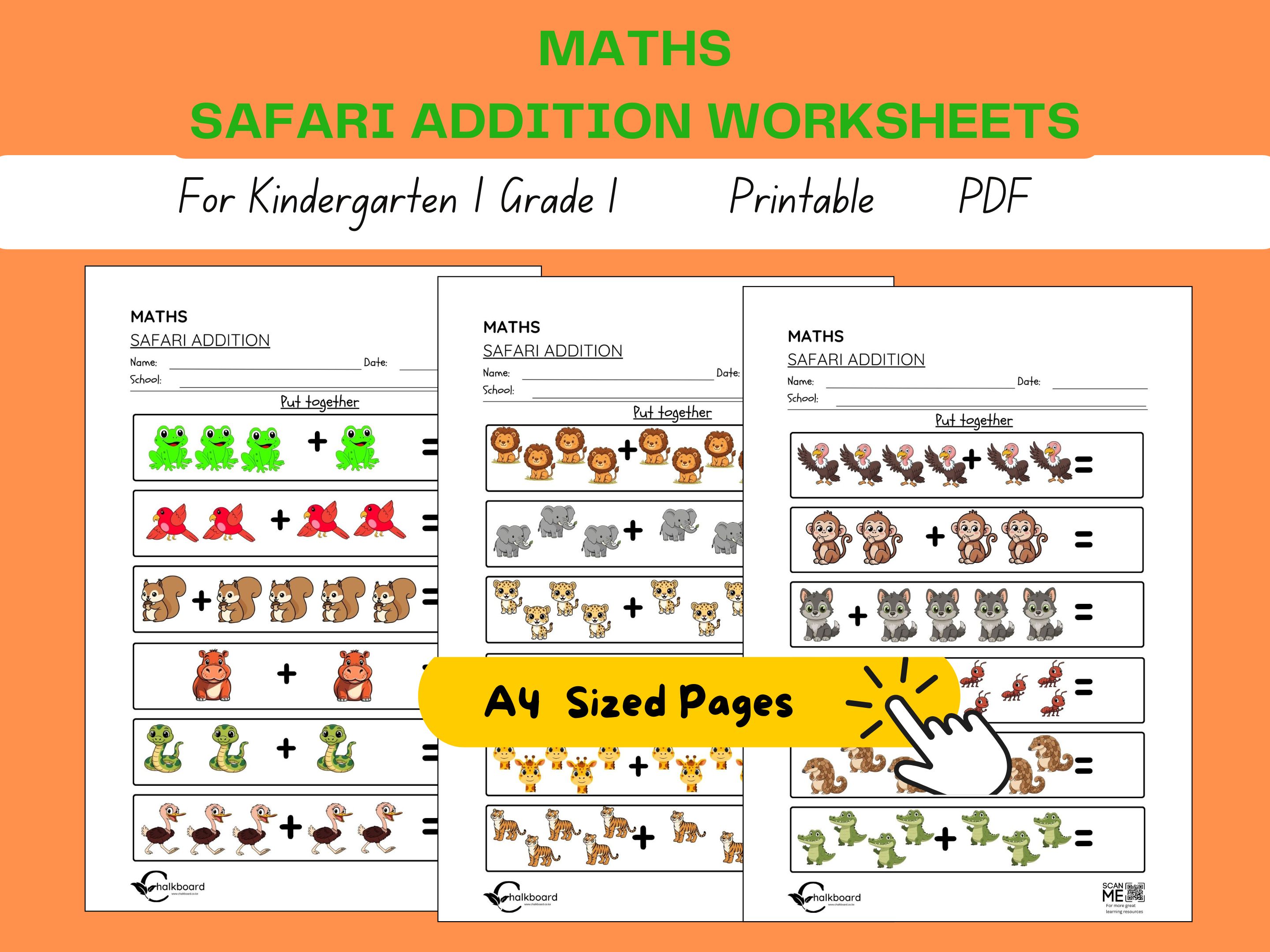 Addition worksheets for kindergarten-safari edition