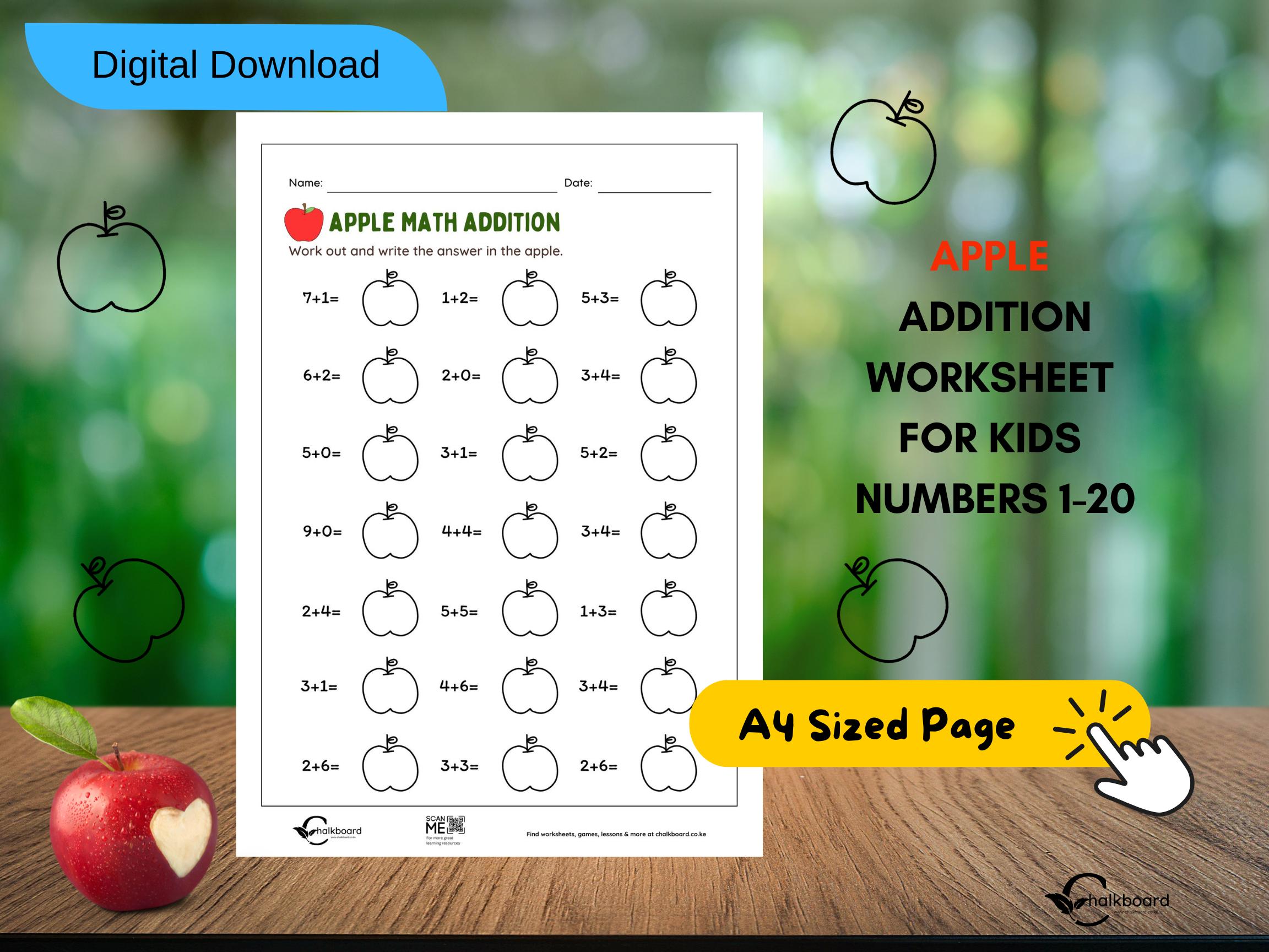 Apple Addition worksheet for kids