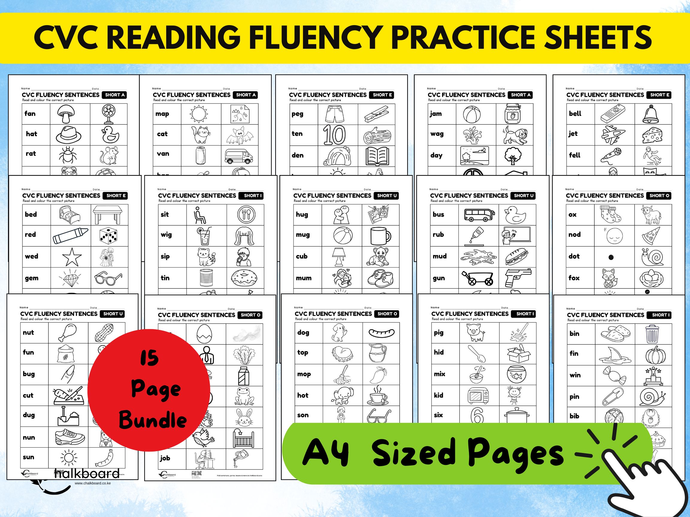 CVC Reading Fluency practice worksheets - pdf