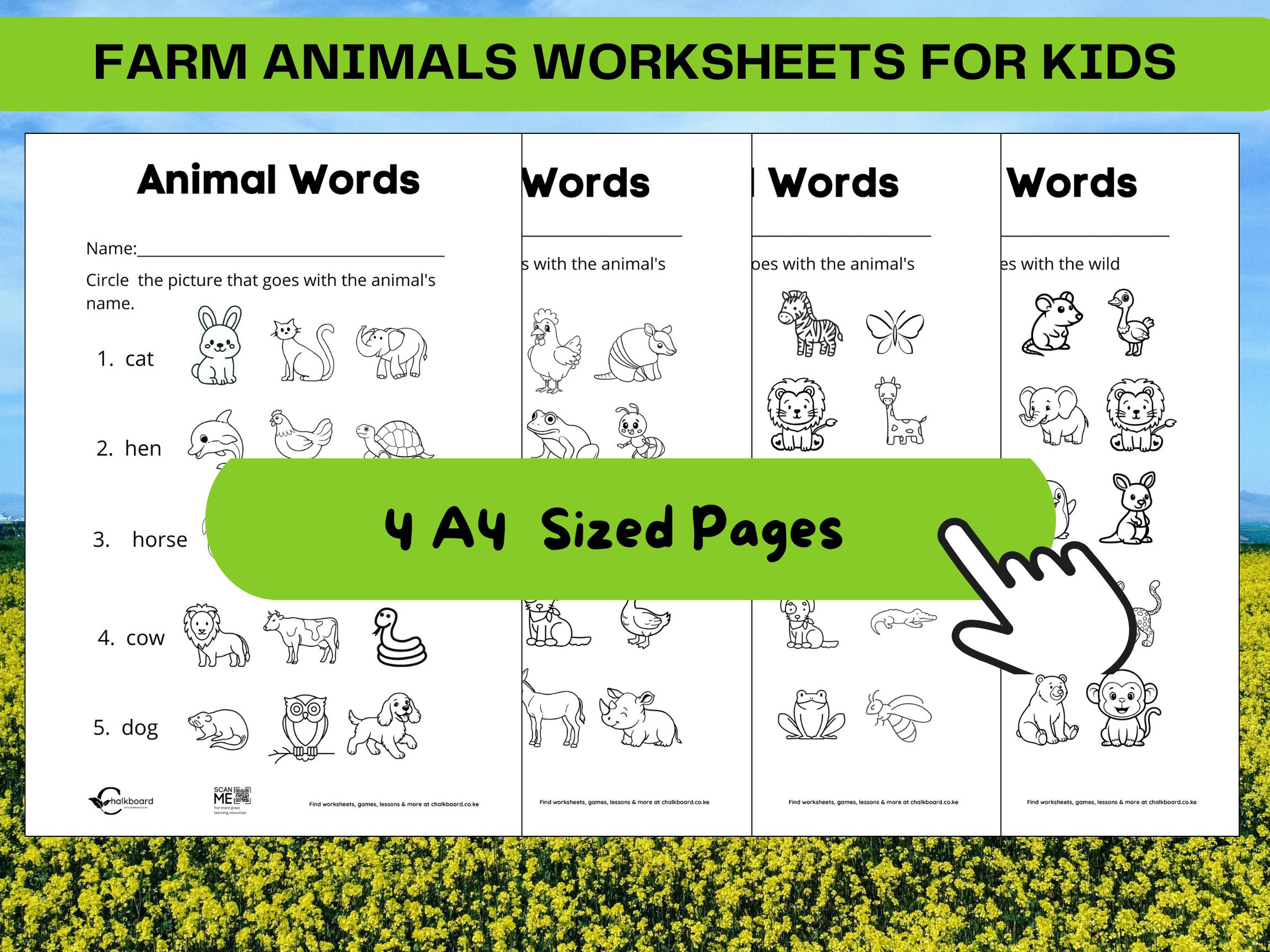 Domestic and wild animal words worksheets for kids