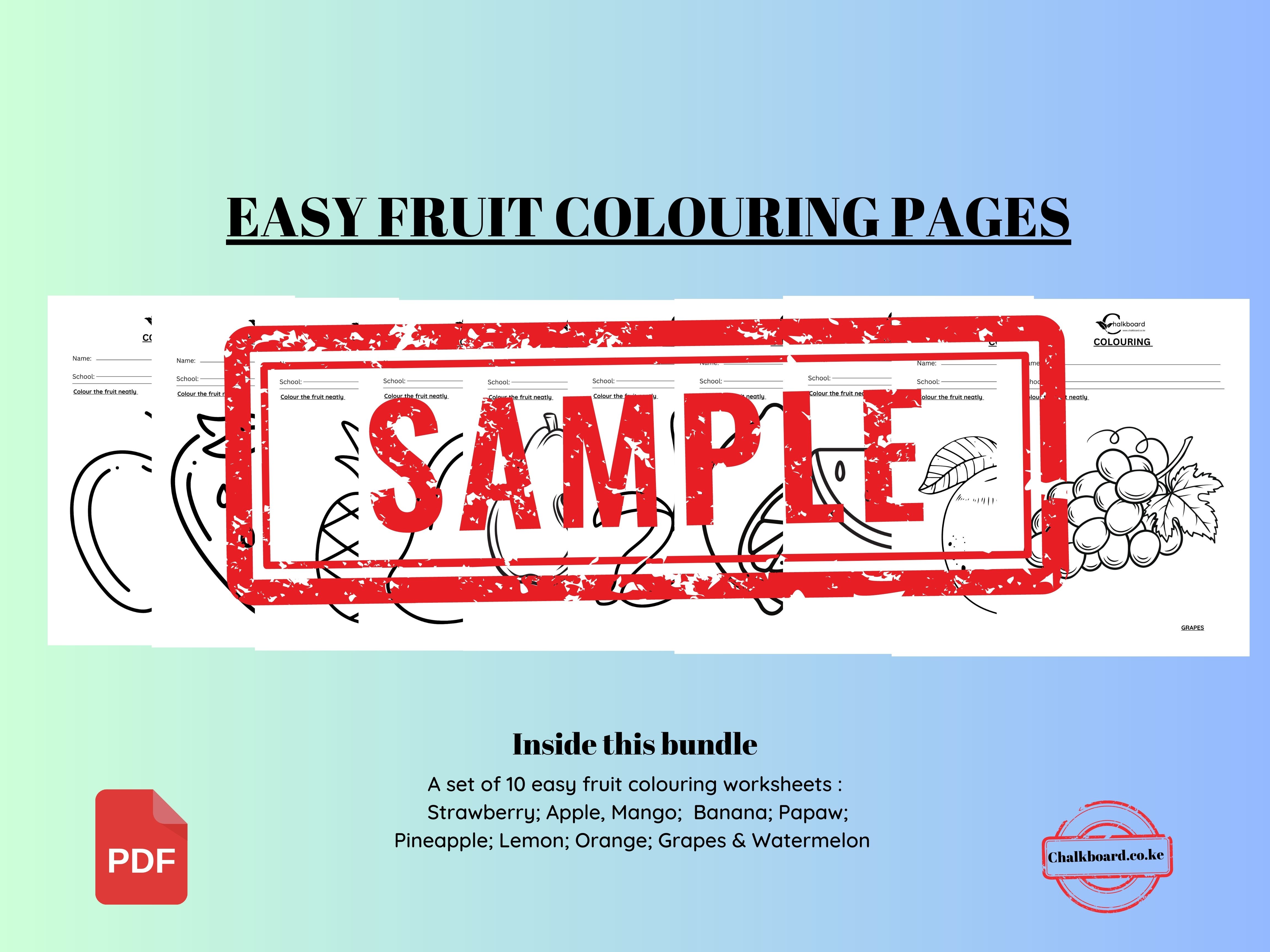 EASY COLOURING fruits pictures worksheets PDF