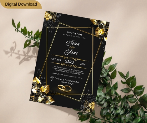 Elegant Wedding Invitation – Classic Black & Gold EDITABLE Card Design 