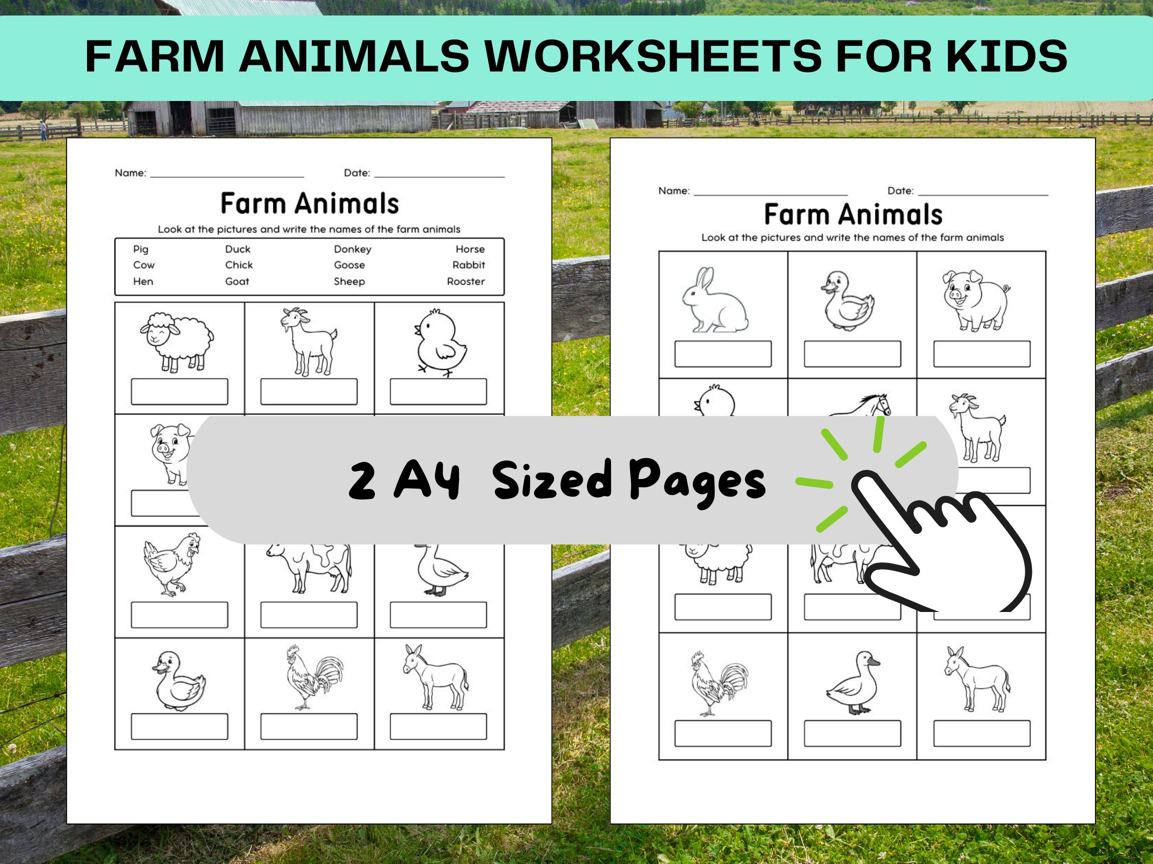 Farm animals with pictures for kids worksheets