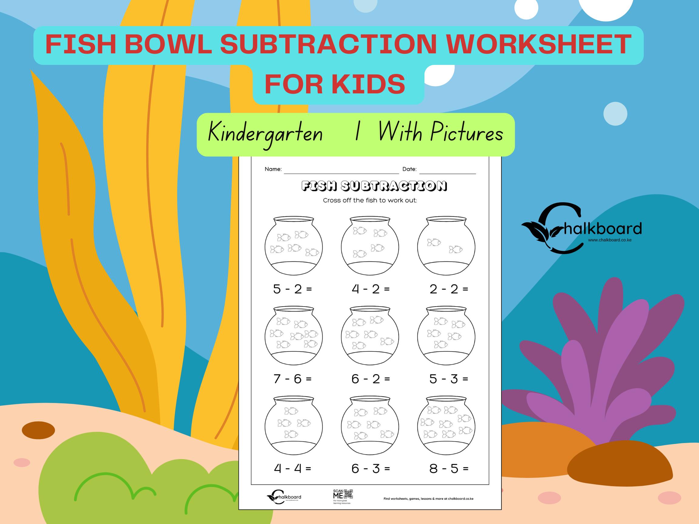 Fish Bowl subtraction with Pictures numbers up to 20 Worksheet for kids