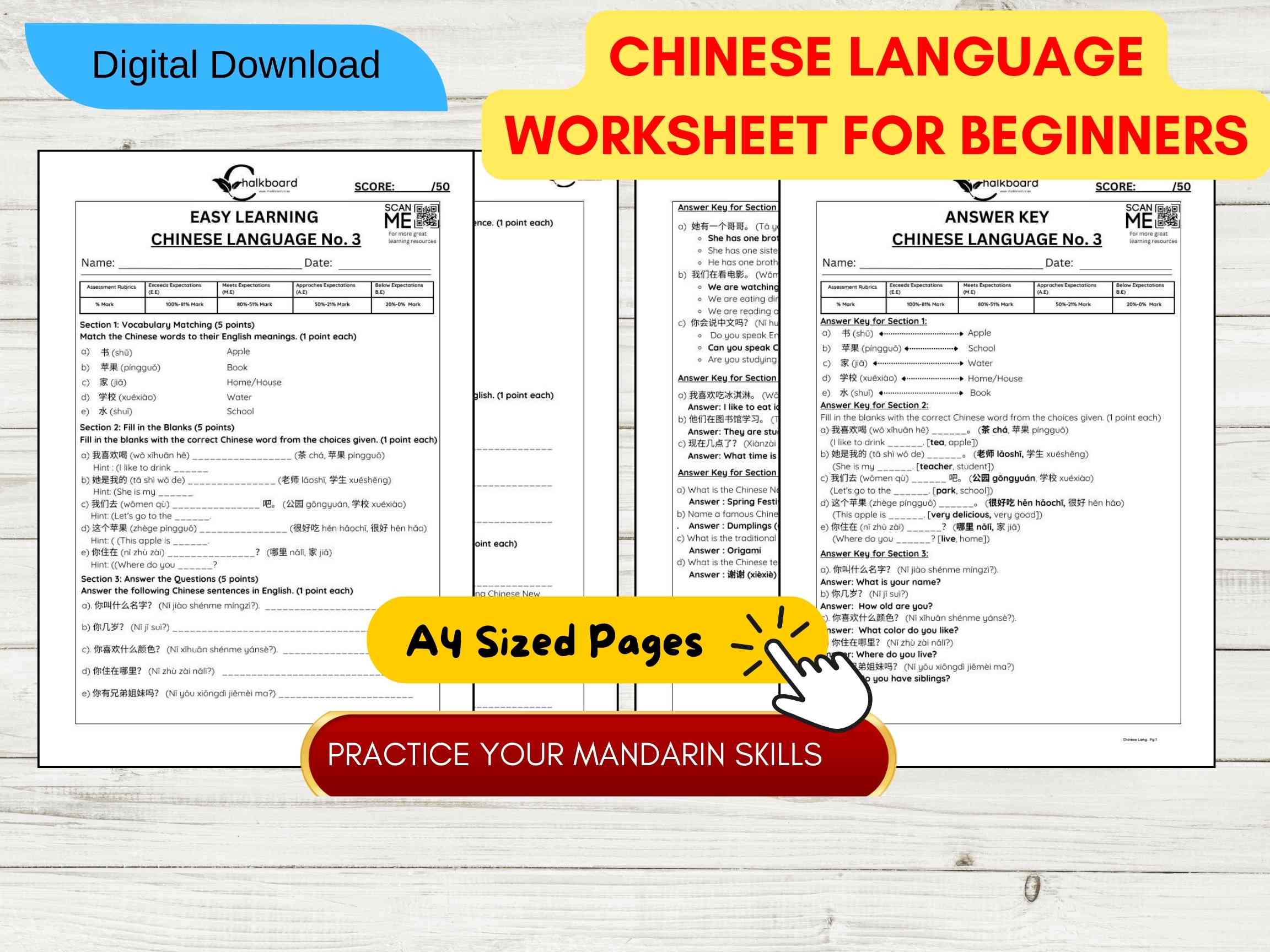 FREE Mandarin Chinese - English Assessment  PDF