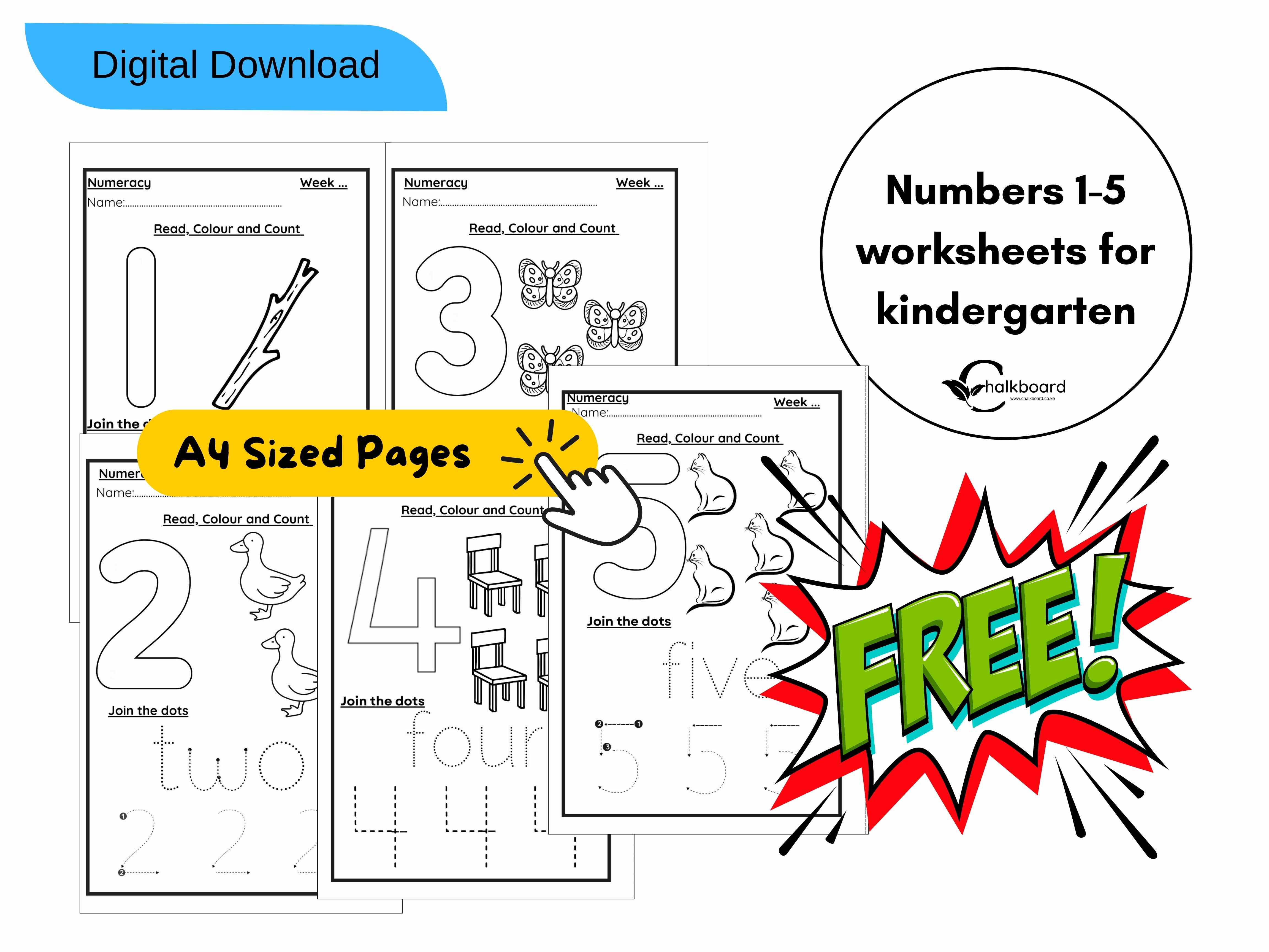 FREE NUMBER 1-5 WORKSHEETS FOR KINDERGARTEN | A4 SIZED PDF