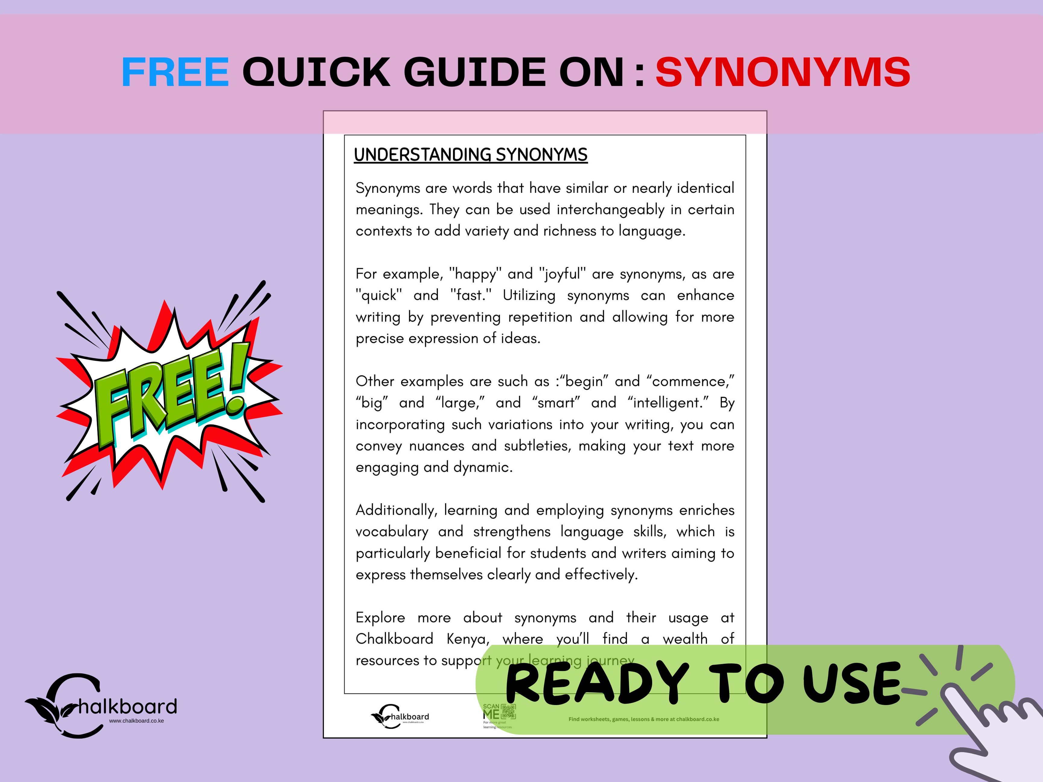 FREE Quick guide on synonyms meaning and examples | PDF printable