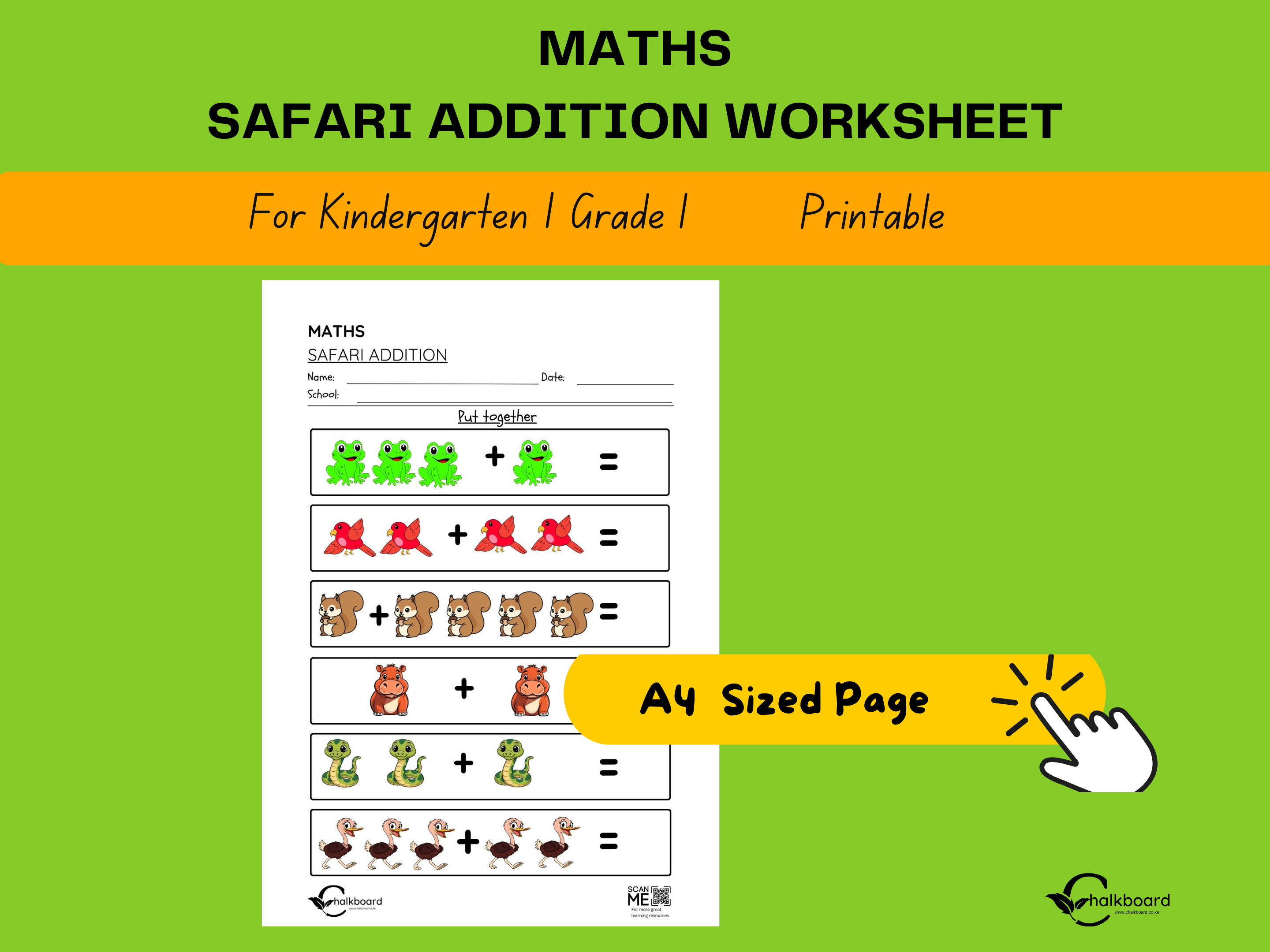 free safari Addition for kindergarten worksheet