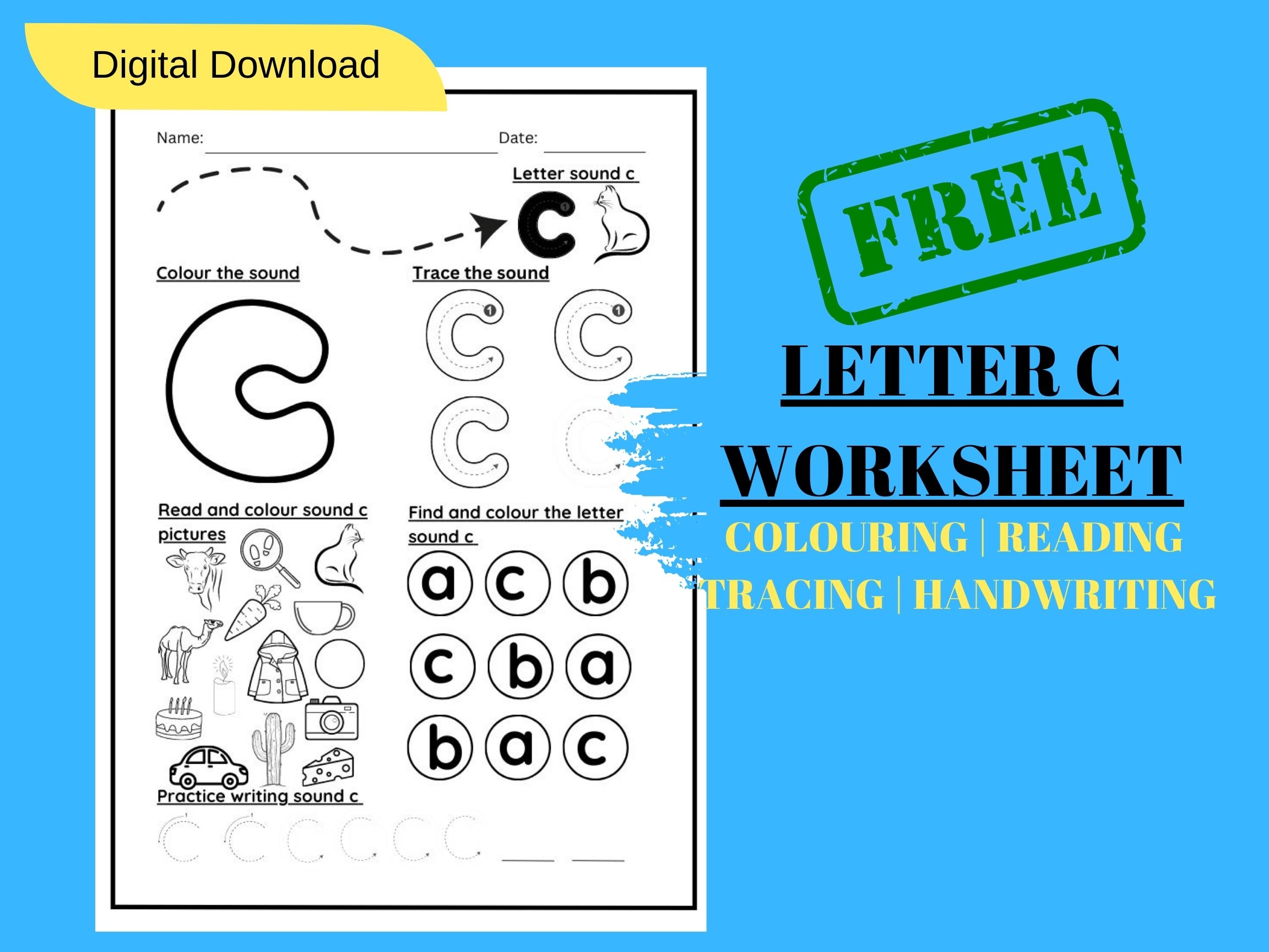 LETTER SOUND C TRACING AND COLOURING KINDERGARTEN WORKSHEET