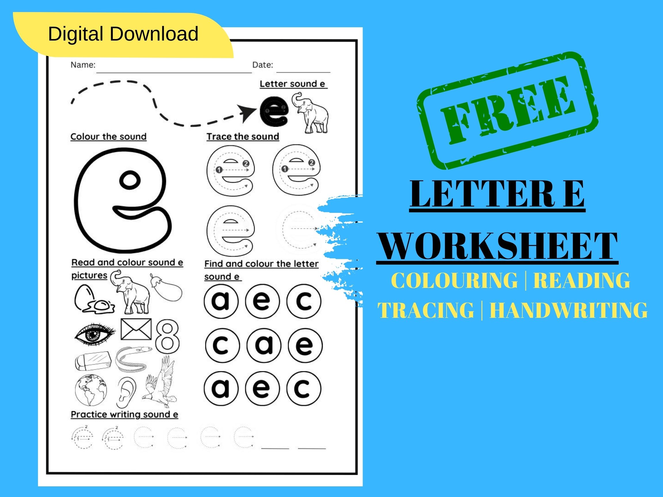 LETTER SOUND E TRACING AND COLOURING KINDERGARTEN WORKSHEET