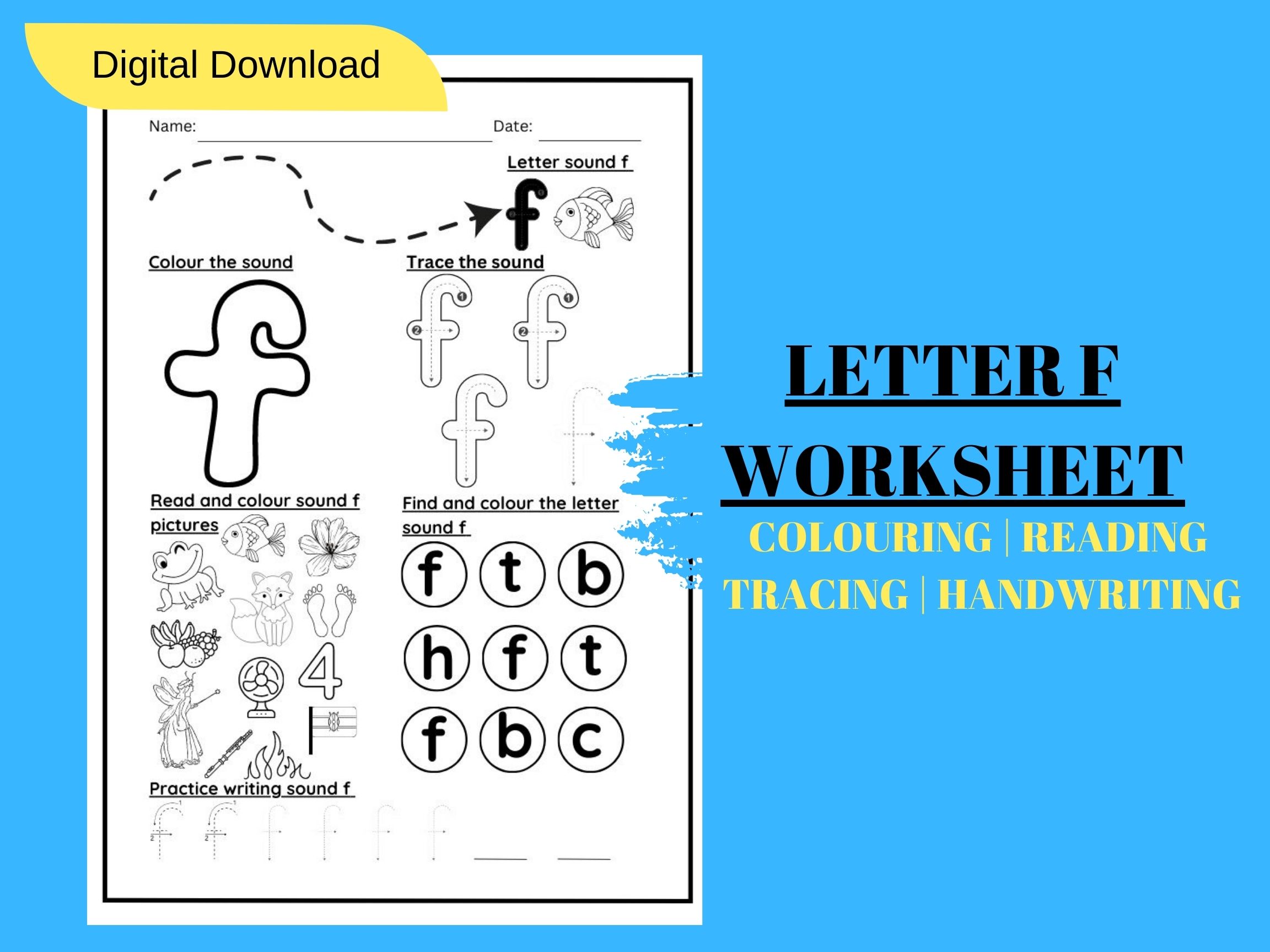 LETTER SOUND F TRACING AND COLOURING KINDERGARTEN WORKSHEET