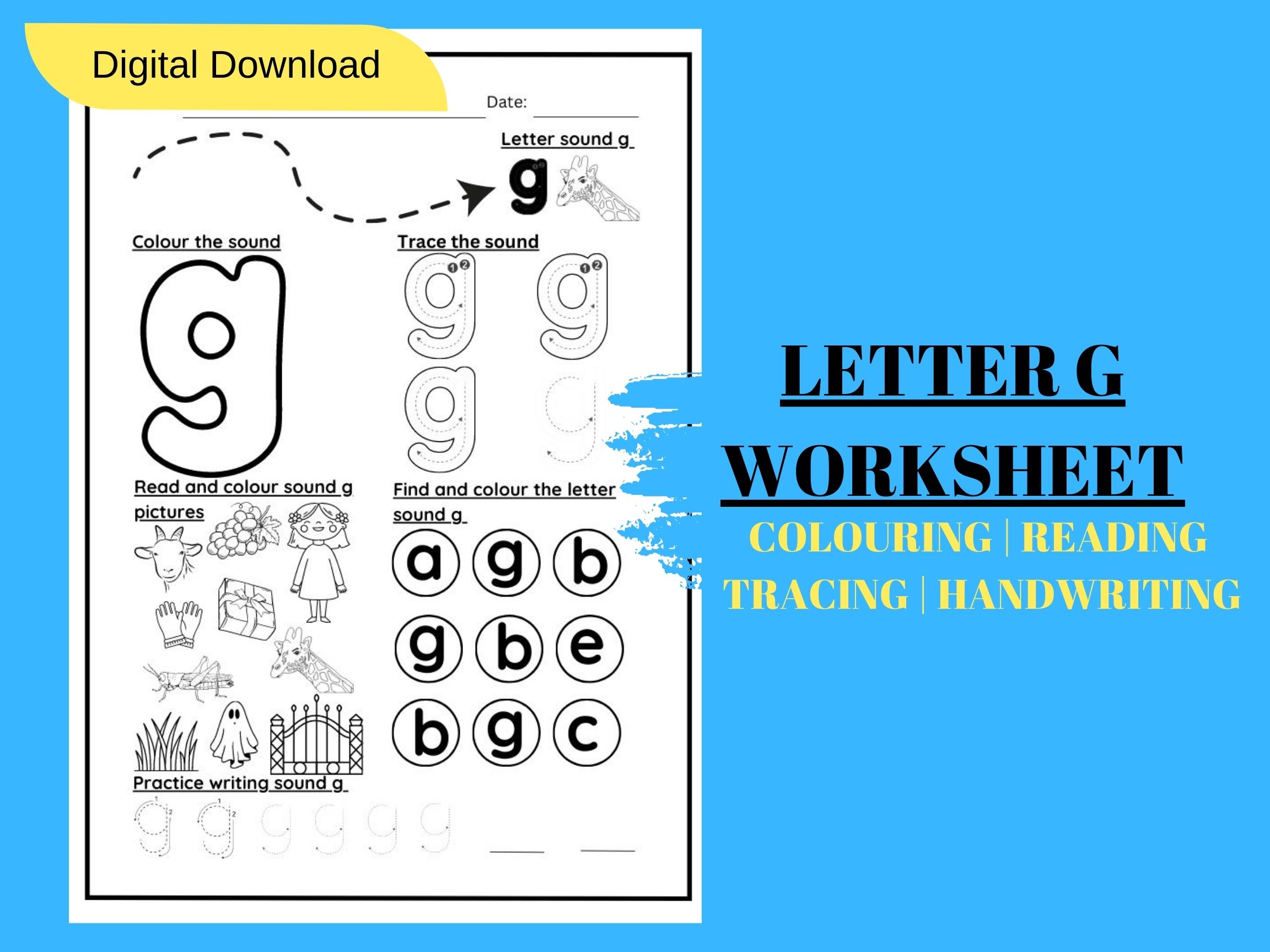 LETTER SOUND G TRACING AND COLOURING KINDERGARTEN WORKSHEET