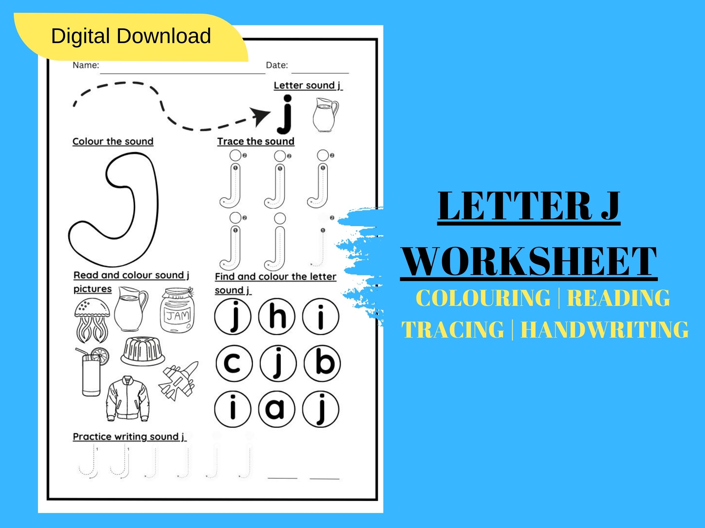 LETTER SOUND J TRACING AND COLOURING KINDERGARTEN WORKSHEET