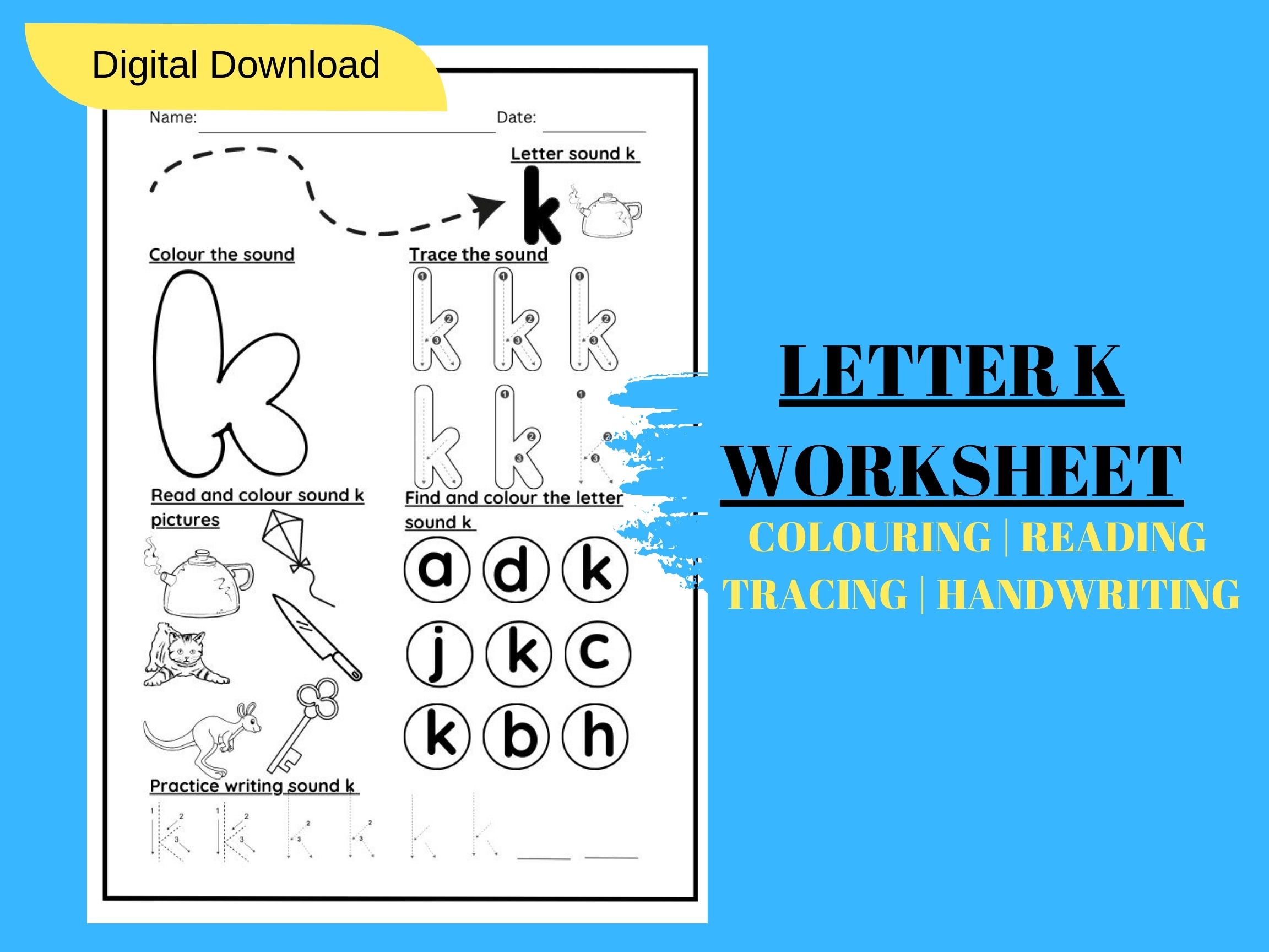 LETTER SOUND K TRACING AND COLOURING KINDERGARTEN WORKSHEET