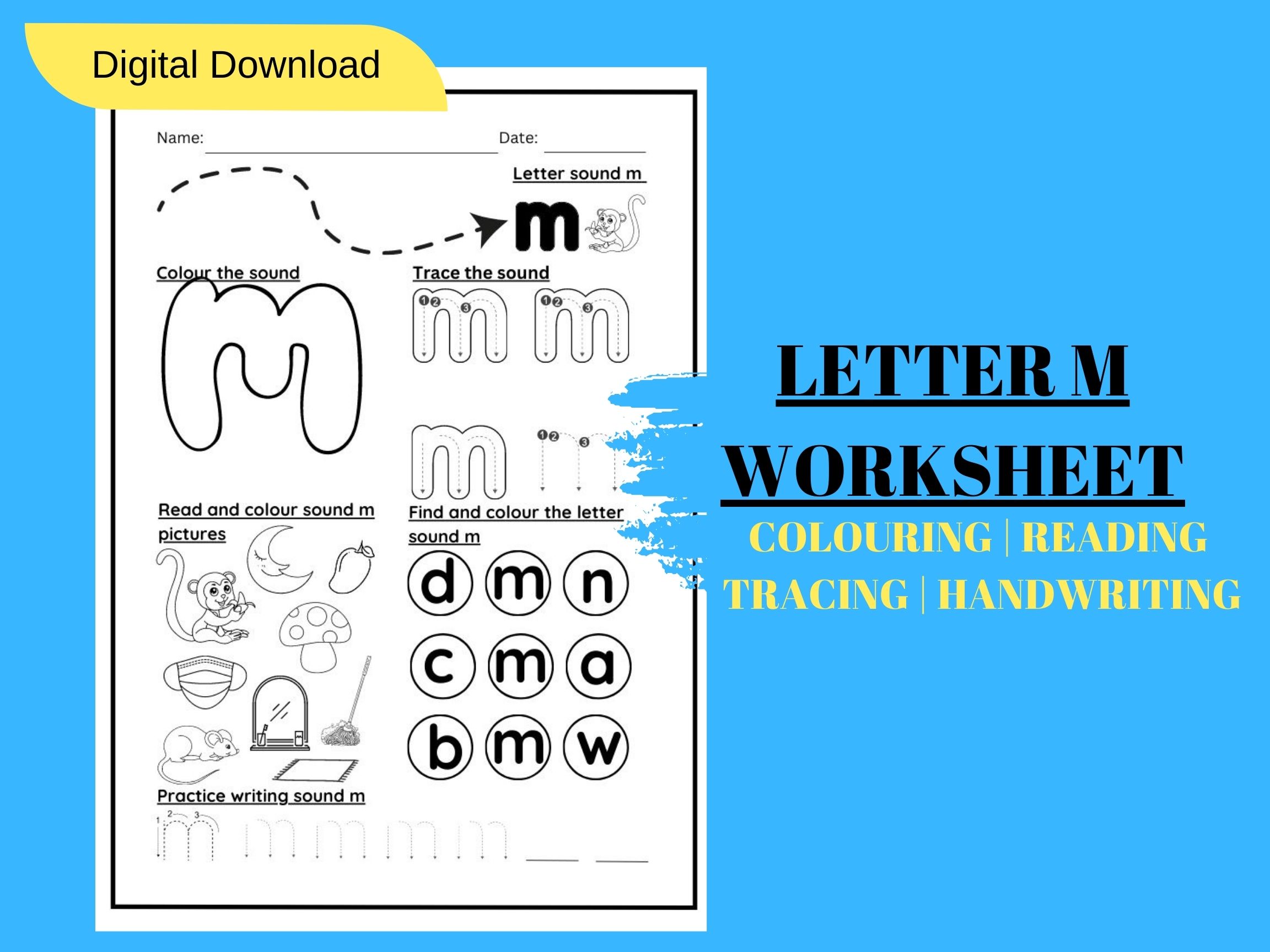 LETTER SOUND M TRACING AND COLOURING KINDERGARTEN WORKSHEET