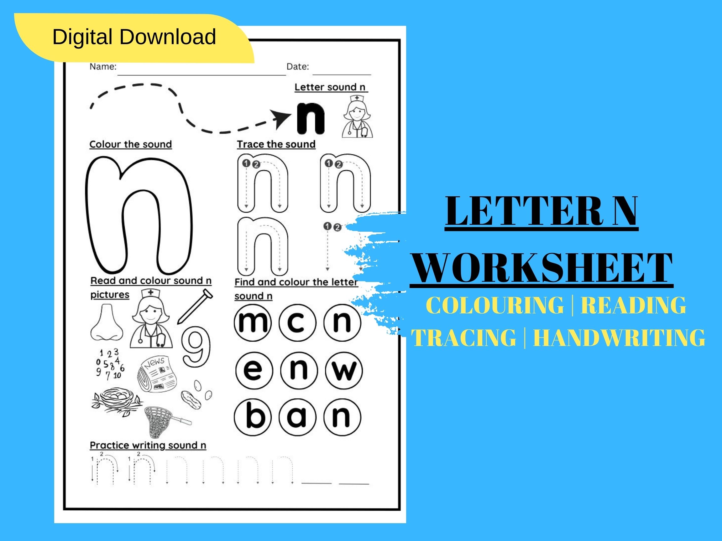 LETTER SOUND N TRACING AND COLOURING KINDERGARTEN WORKSHEET