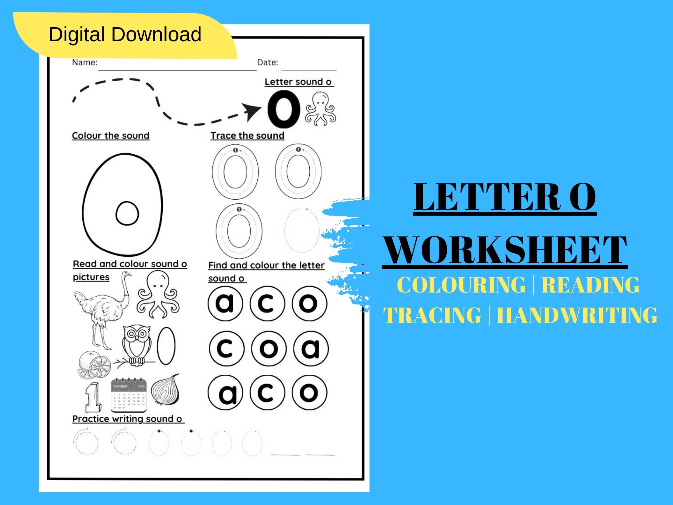 LETTER SOUND O TRACING AND COLOURING KINDERGARTEN WORKSHEET