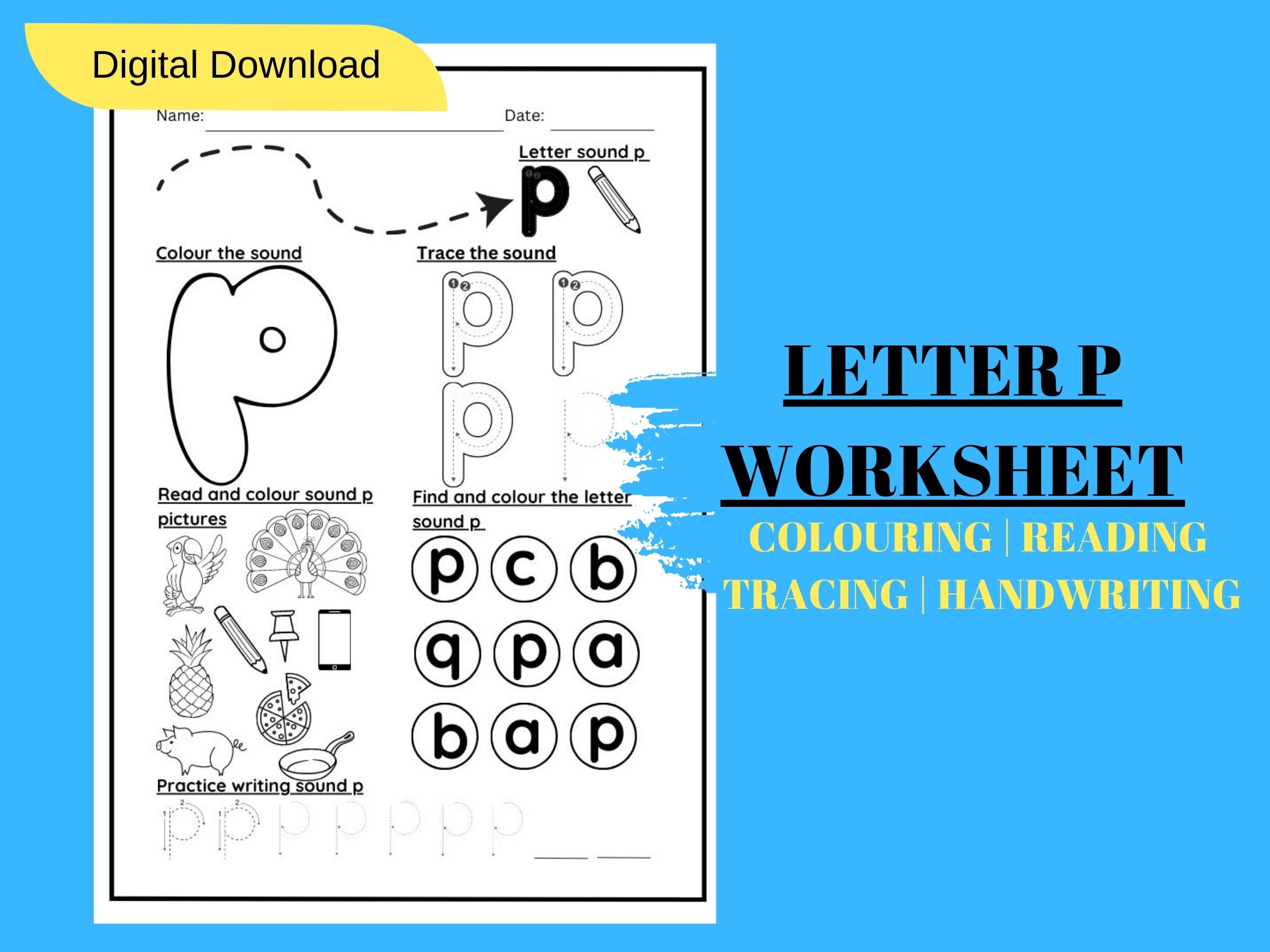 LETTER SOUND P TRACING AND COLOURING KINDERGARTEN WORKSHEET