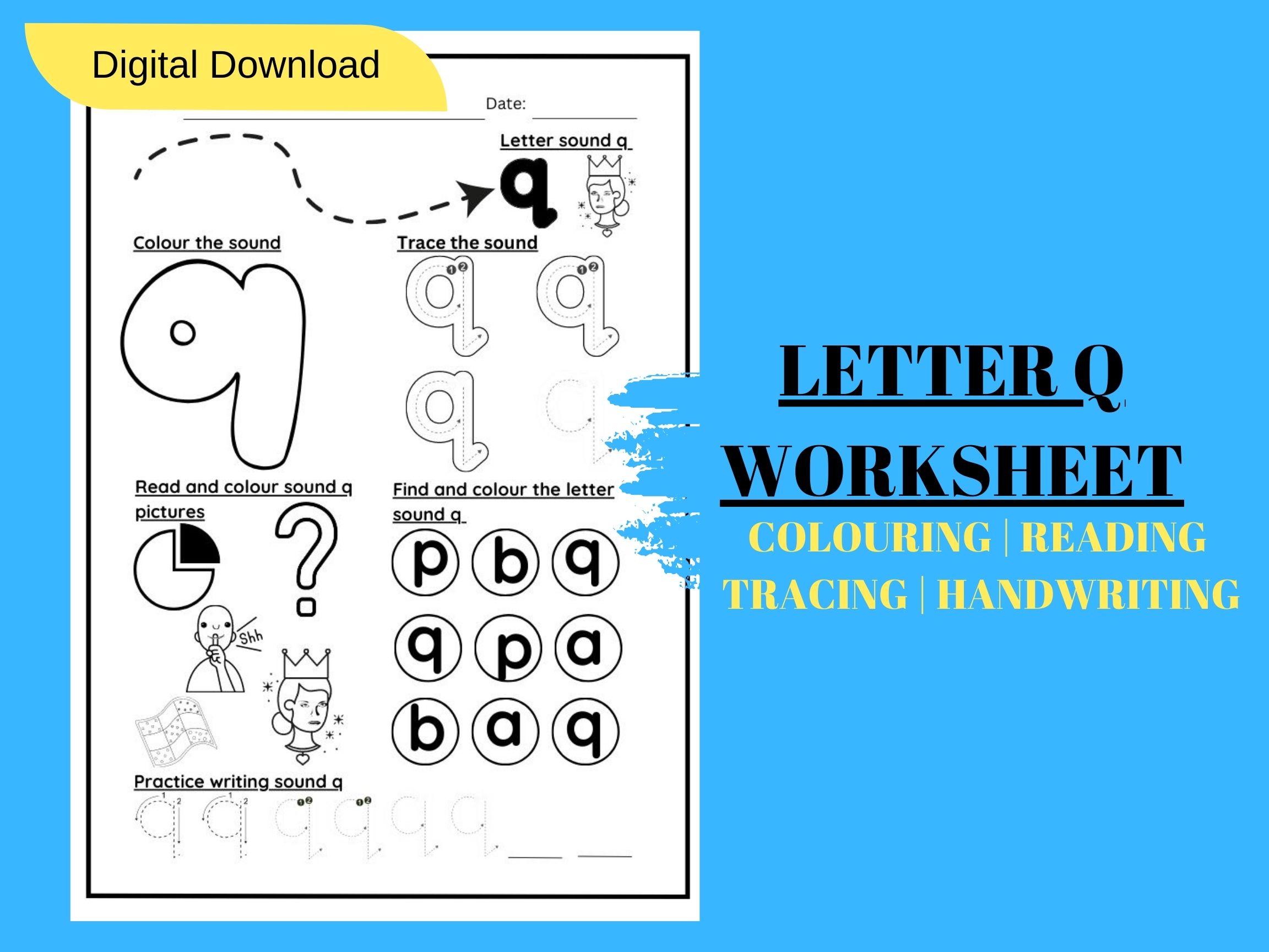 LETTER SOUND Q TRACING AND COLOURING KINDERGARTEN WORKSHEET