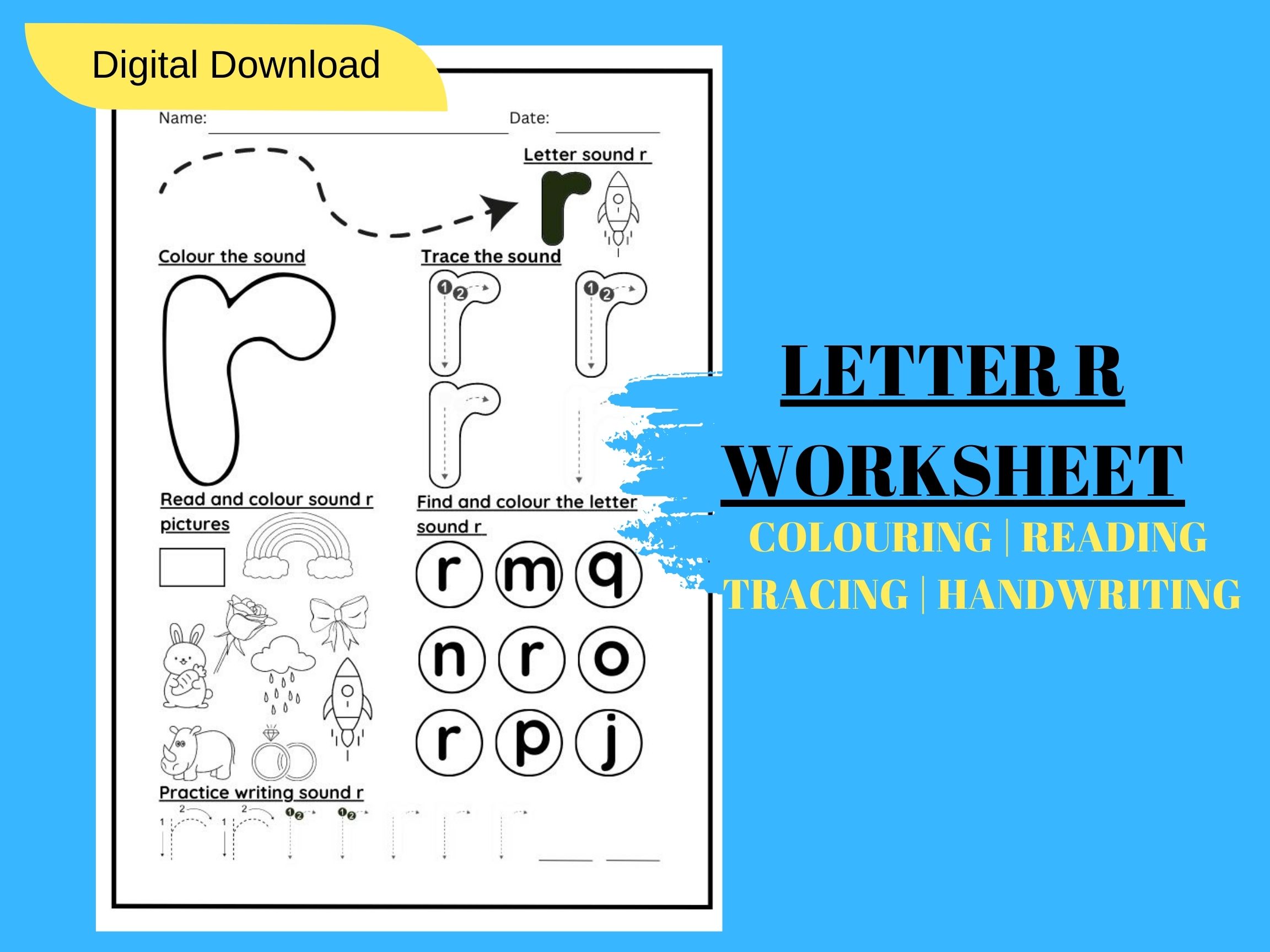 LETTER SOUND R TRACING AND COLOURING KINDERGARTEN WORKSHEET