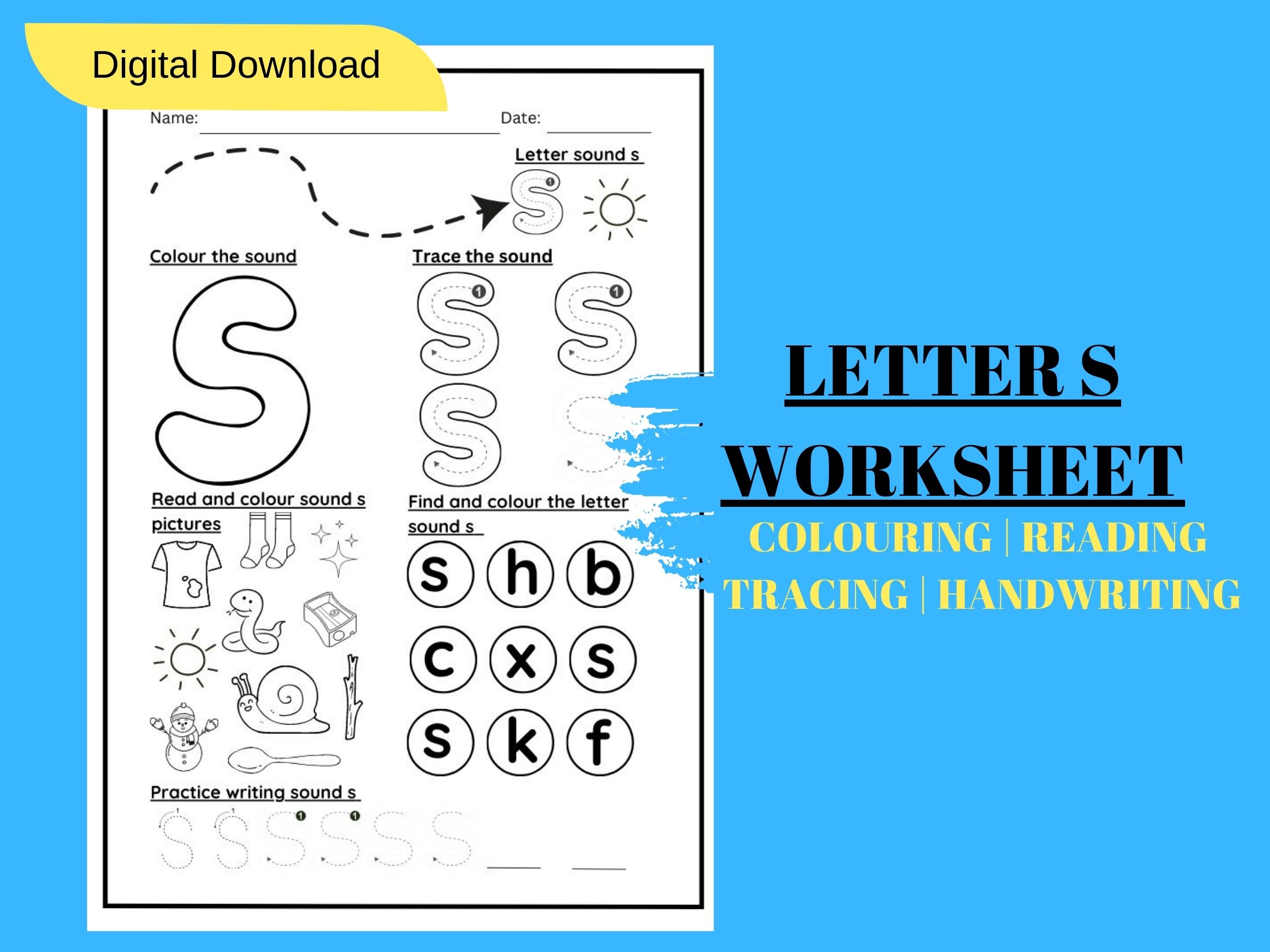 LETTER SOUND S TRACING AND COLOURING KINDERGARTEN WORKSHEET