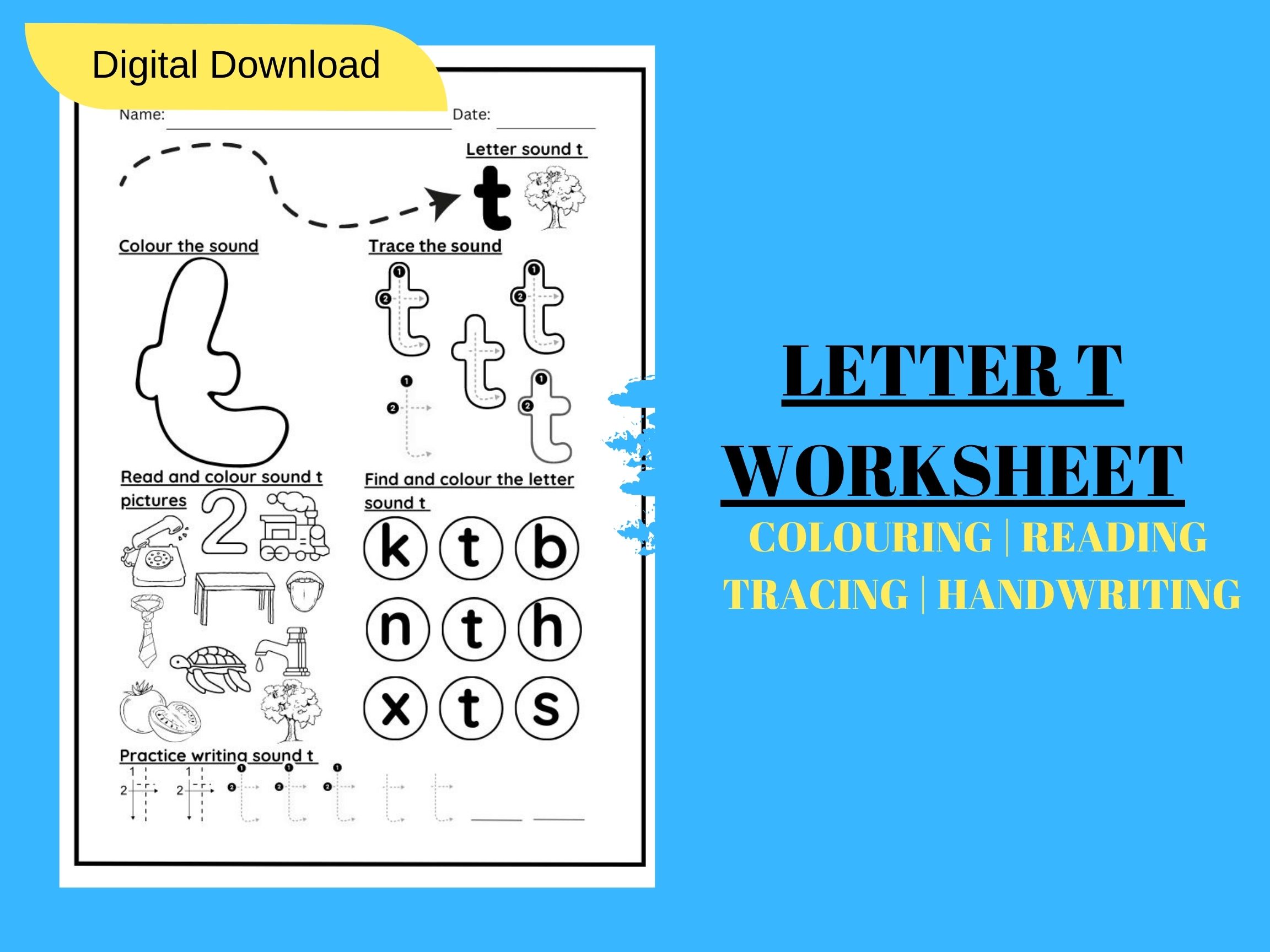 LETTER SOUND T TRACING AND COLOURING KINDERGARTEN WORKSHEET