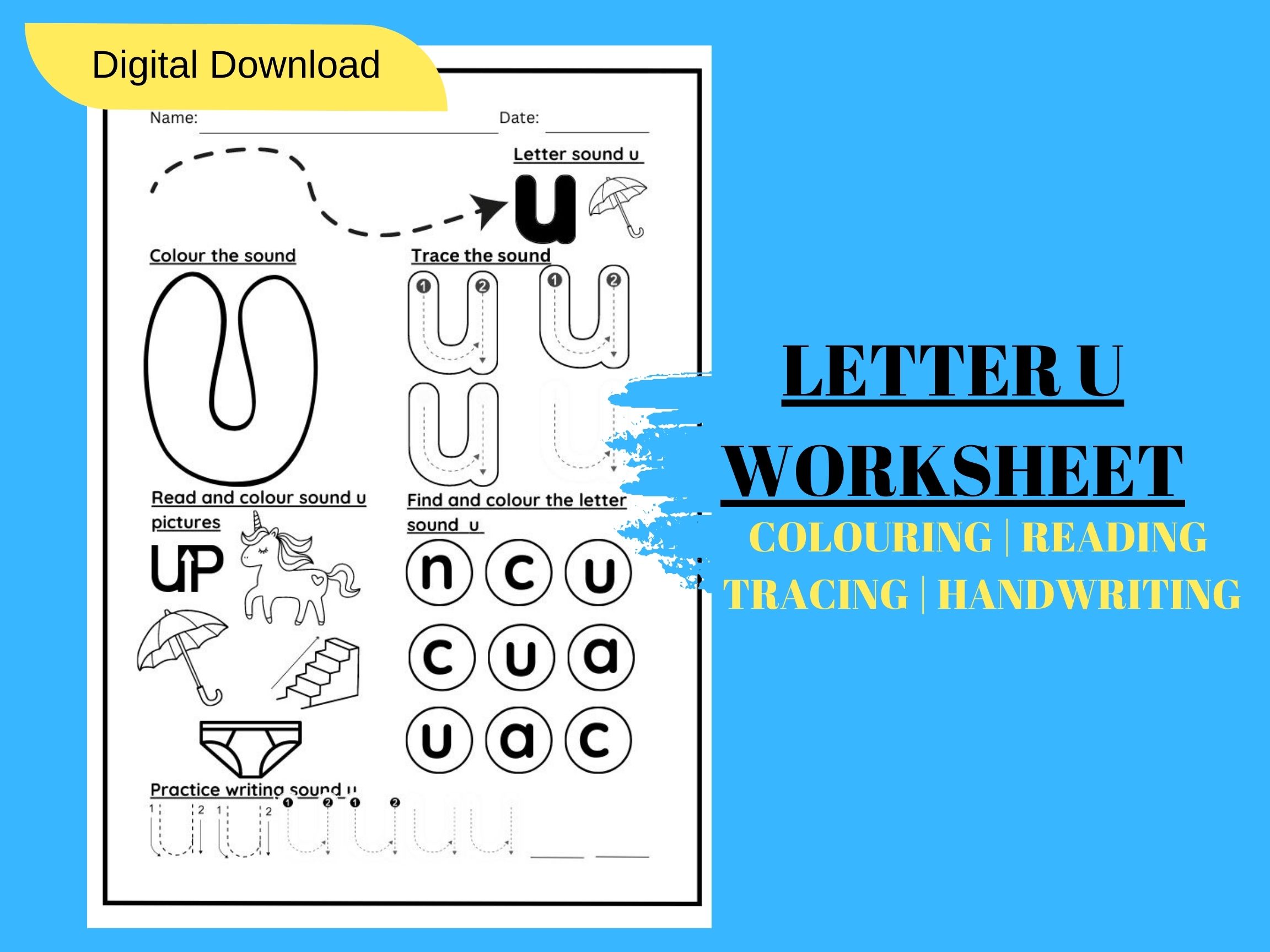 LETTER SOUND U TRACING AND COLOURING KINDERGARTEN WORKSHEET