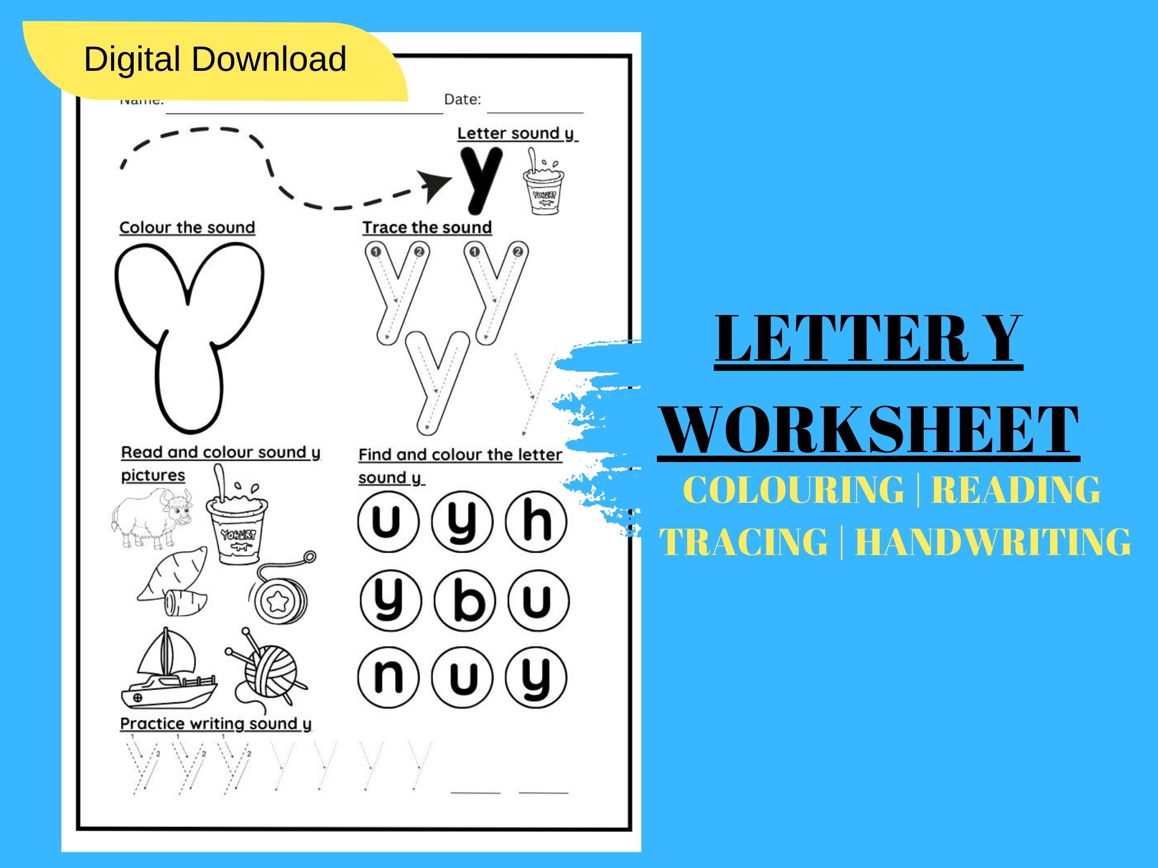 LETTER SOUND Y TRACING AND COLOURING KINDERGARTEN WORKSHEET