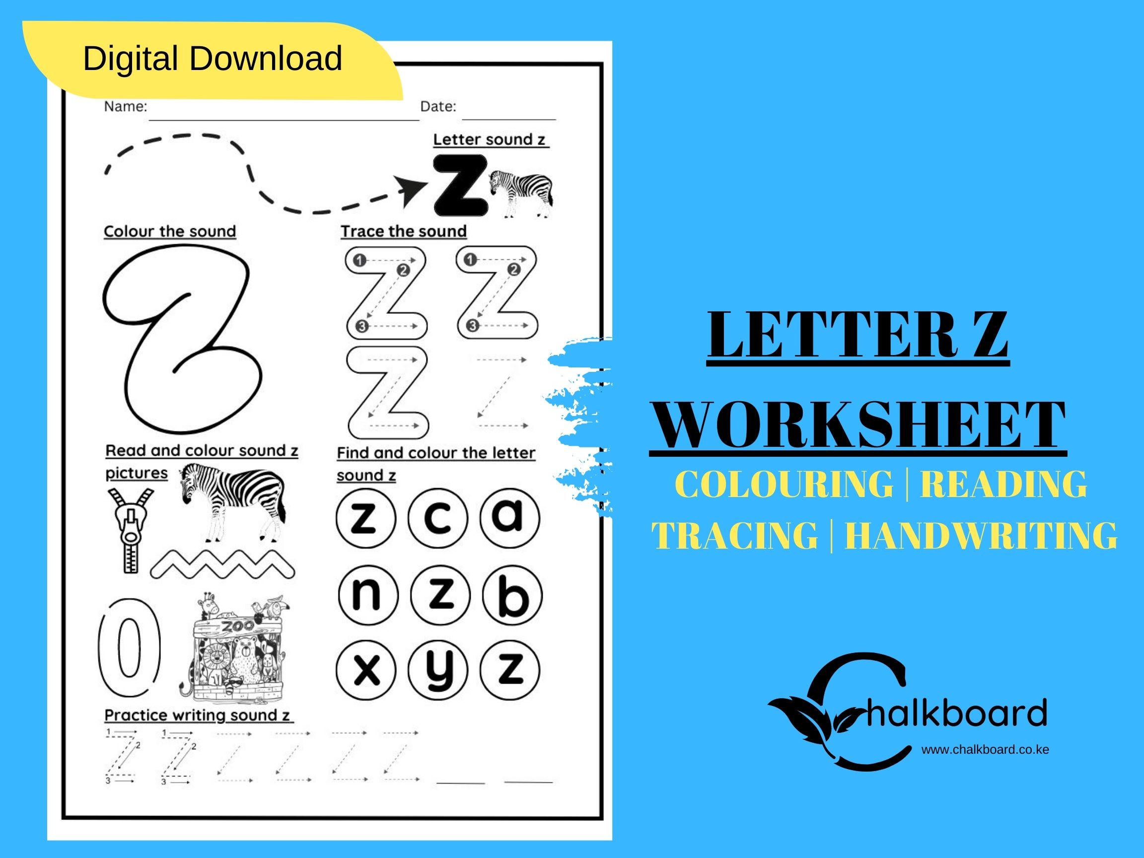 LETTER SOUND Z TRACING AND COLOURING KINDERGARTEN WORKSHEET