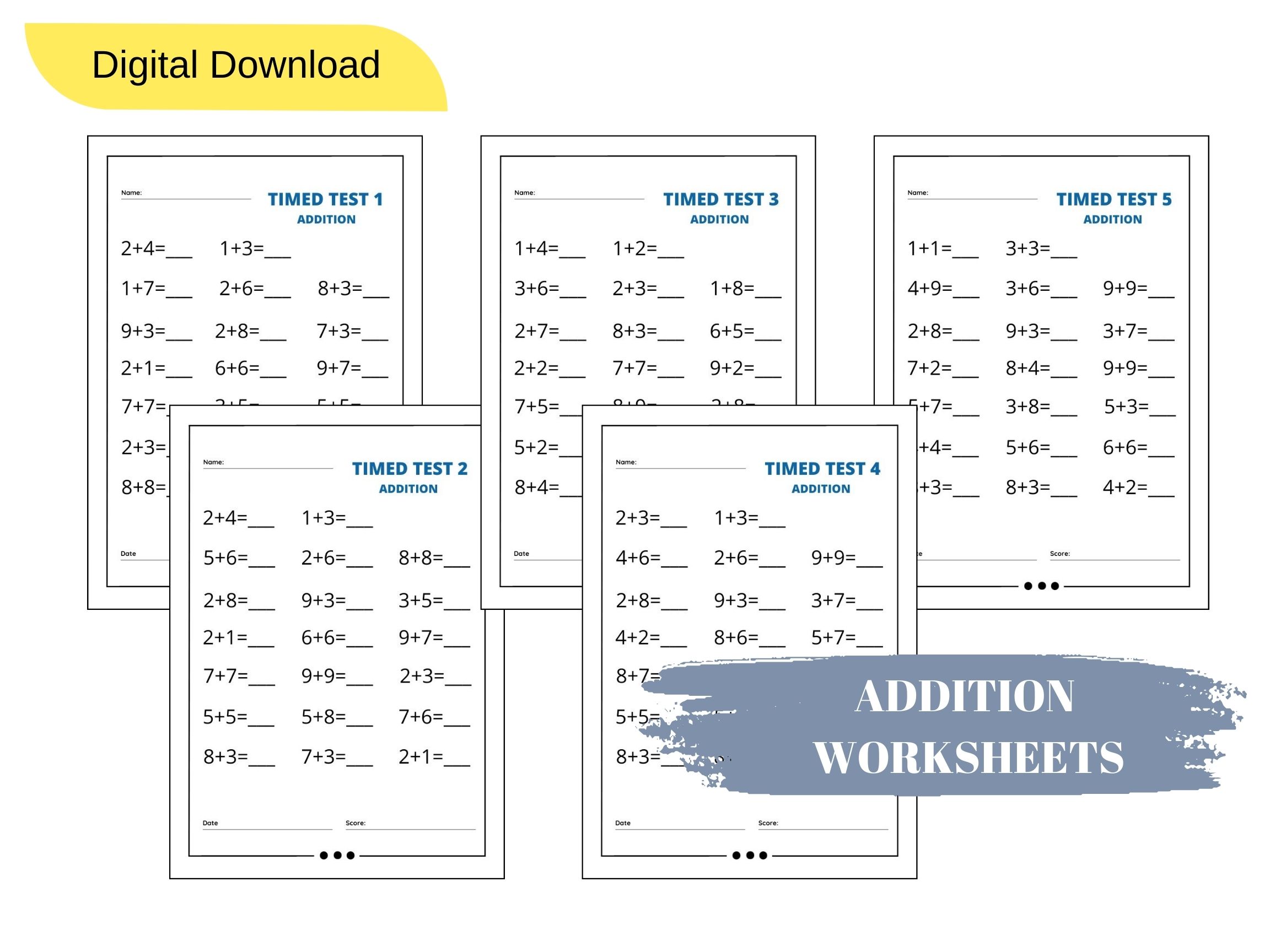 MATH WORKSHEETS - KINDERGARTEN ADDITION 1-10 TIMED TESTS