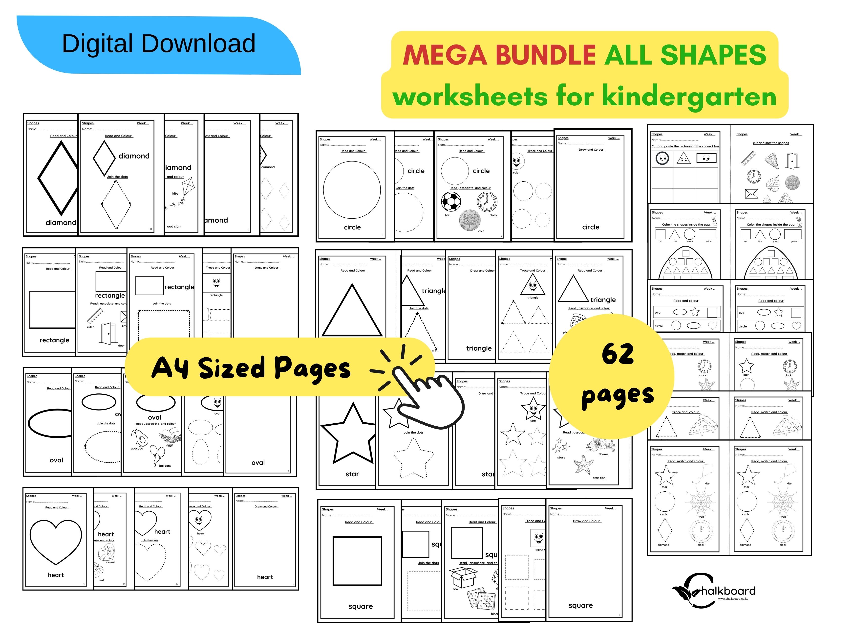 MEGA BUNDLE OF BASIC 2D  SHAPES WORKSHEETS FOR KINDERGARTEN  | PDF PRINTABLE