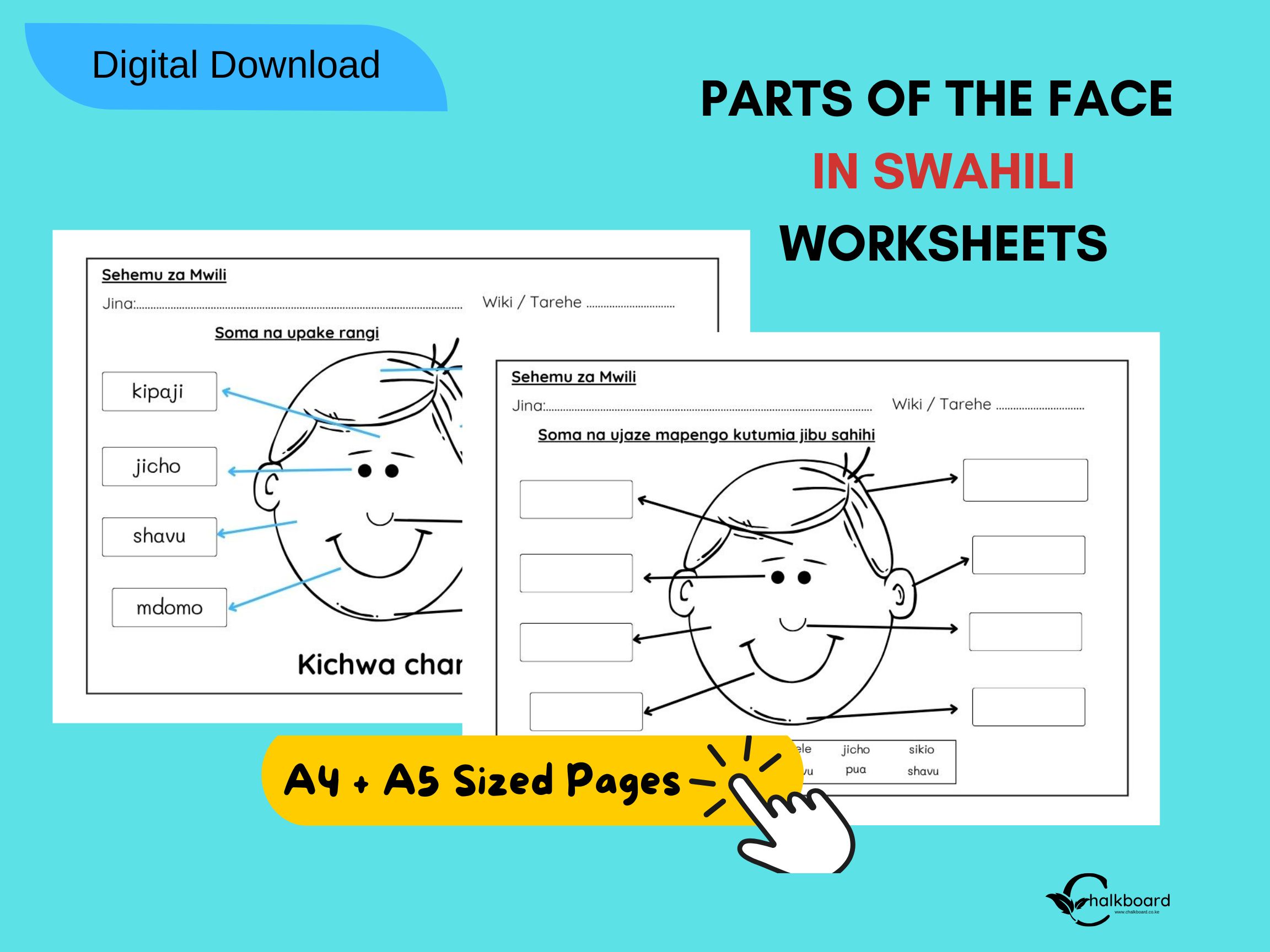  My Face – Read, Colour & Label the Parts of the Face Worksheets (Bilingual: English & Kiswahili)