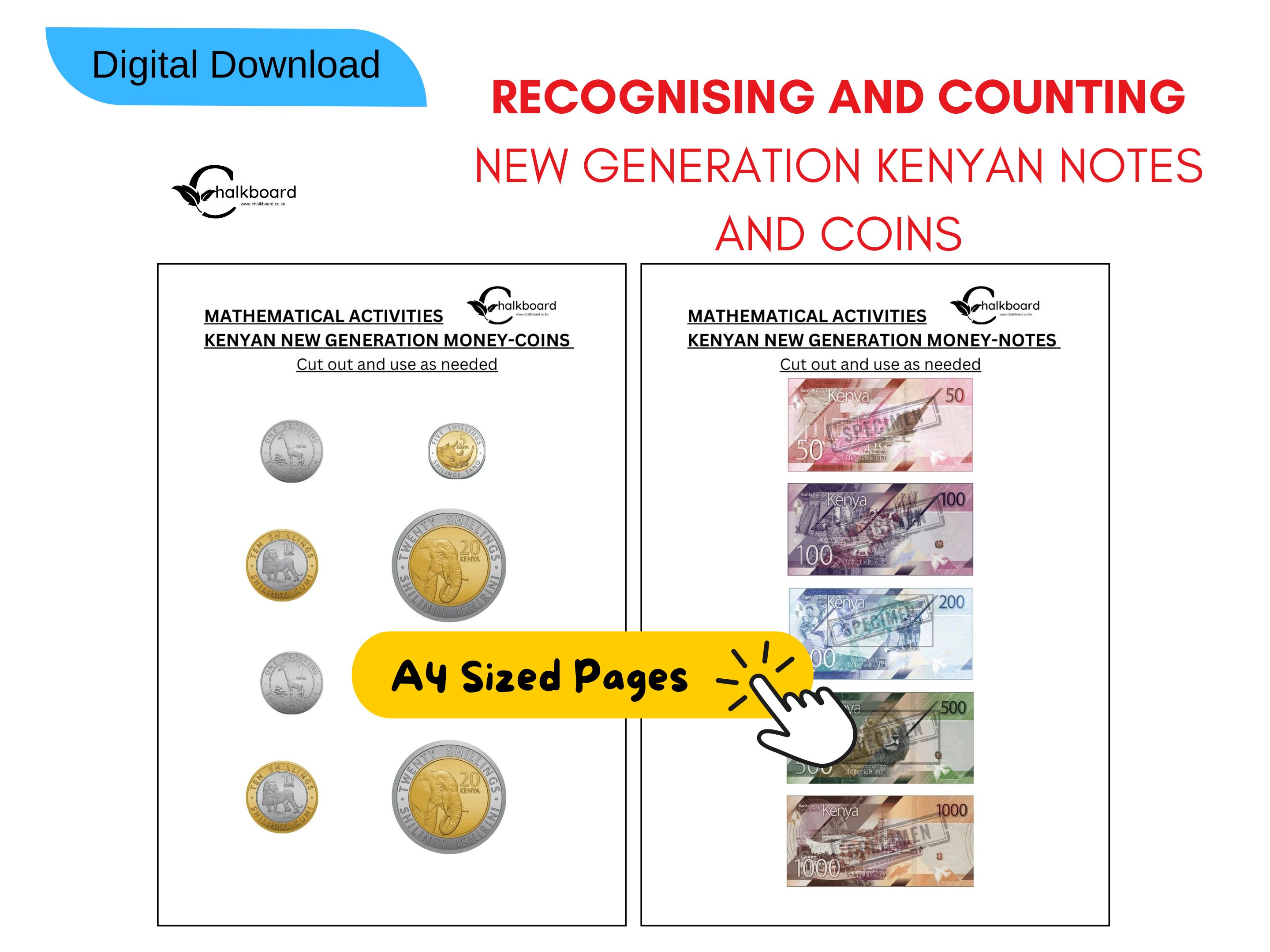New Generation Kenyan Notes and Coins teaching aids pdf printable 