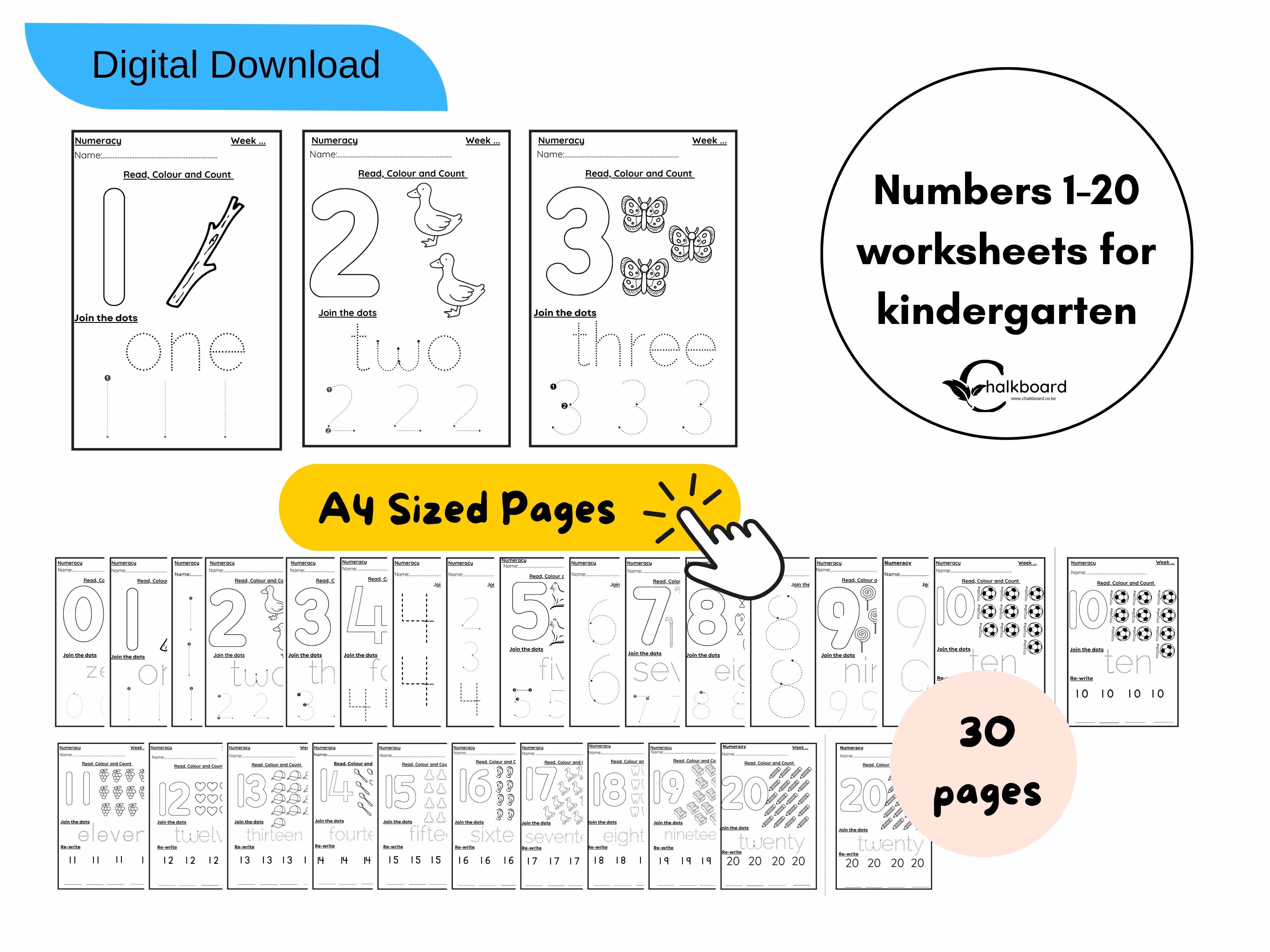 NUMBER WORKSHEETS FOR KINDERGARTEN | NUMBERS 1 TO 20 | A4 SIZED |PDF