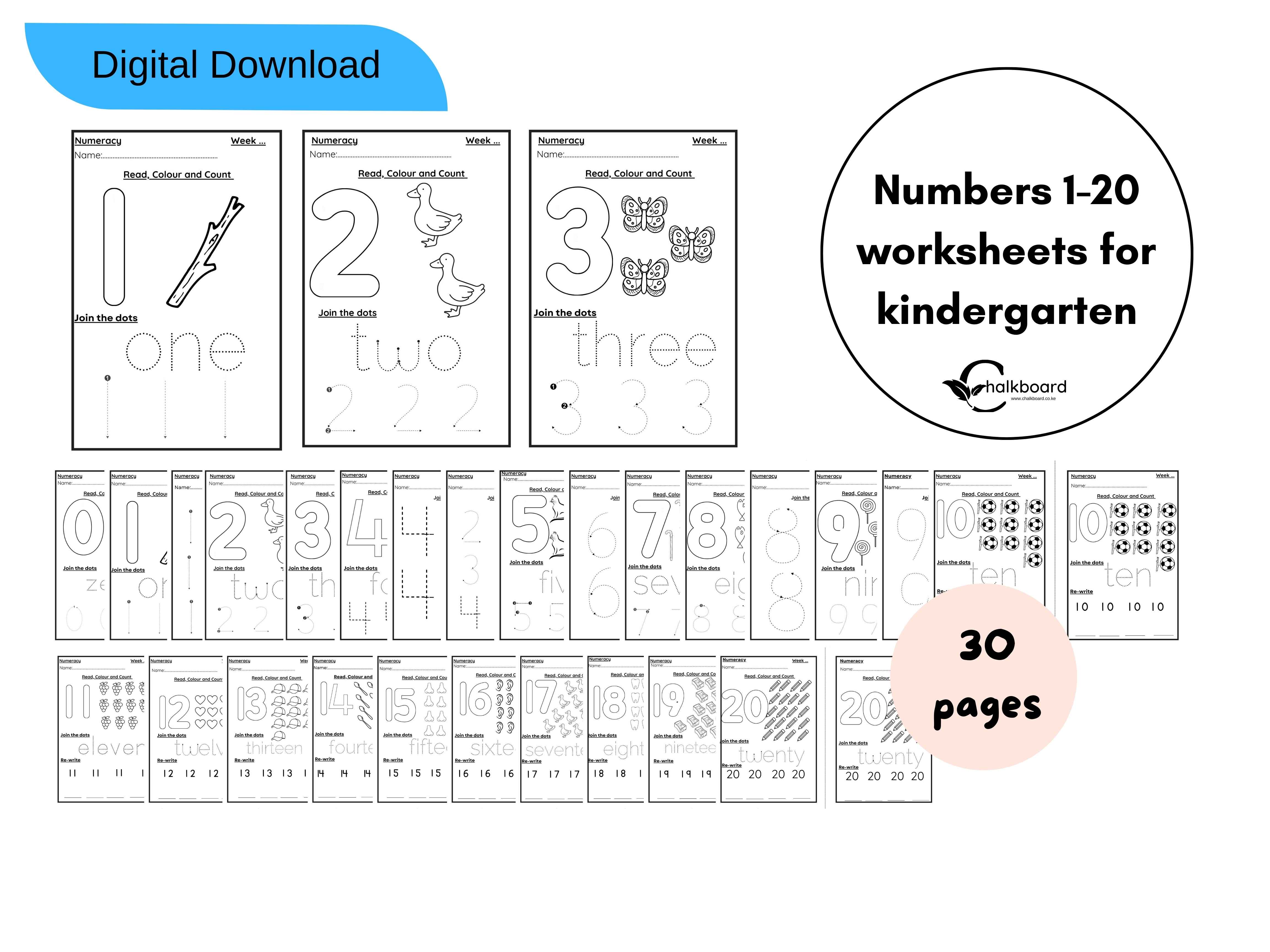 NUMBER WORKSHEETS FOR KINDERGARTEN | NUMBERS 1 TO 20 | PDF