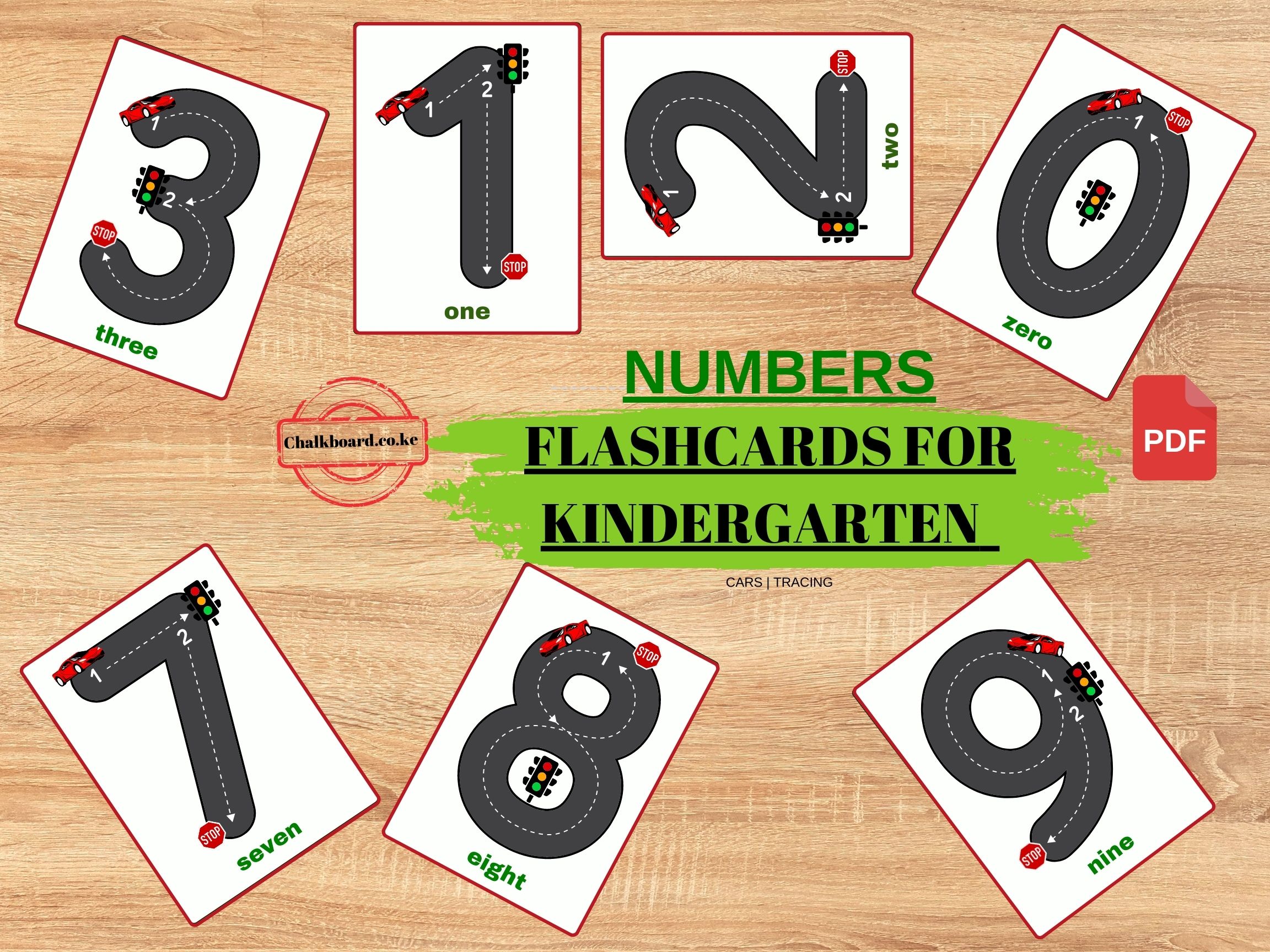 ROAD THEME TRACING NUMBERS 0  TO 9 FLASHCARDS FOR PRESCHOOL