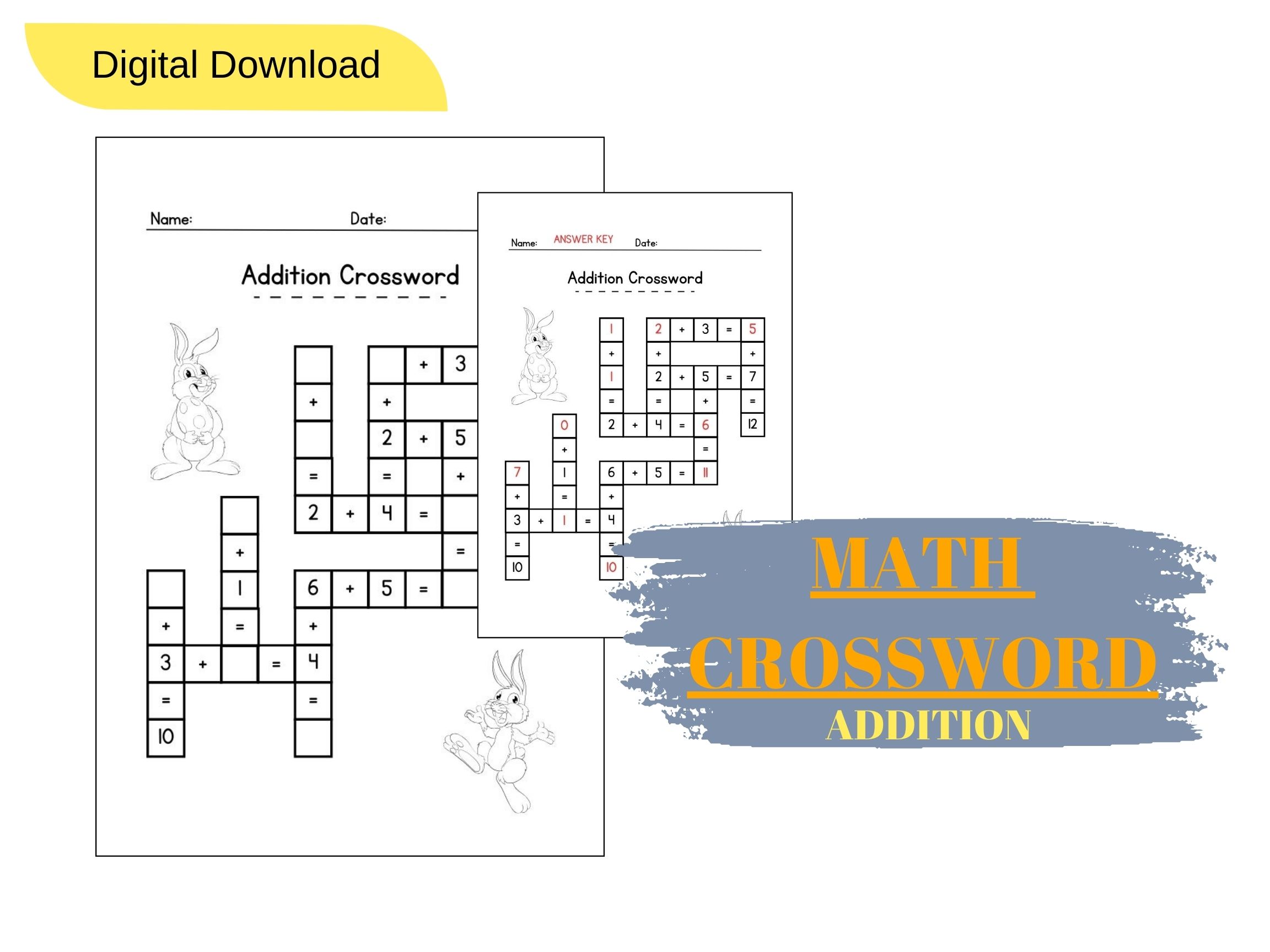 Single Digit Addition Math Puzzles, Math Crosswords