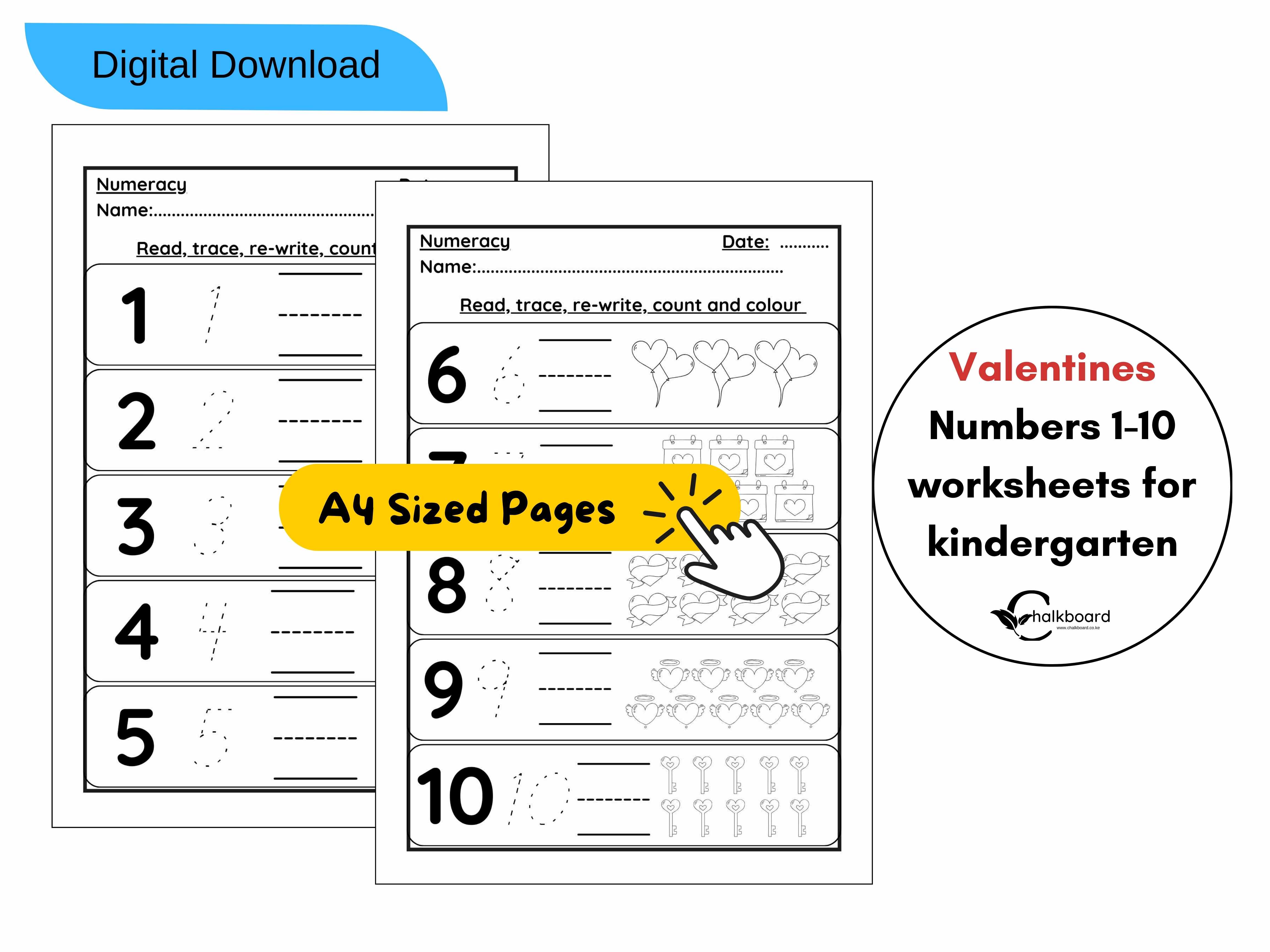 Valentines day numbers 1-10 worksheets | pdf